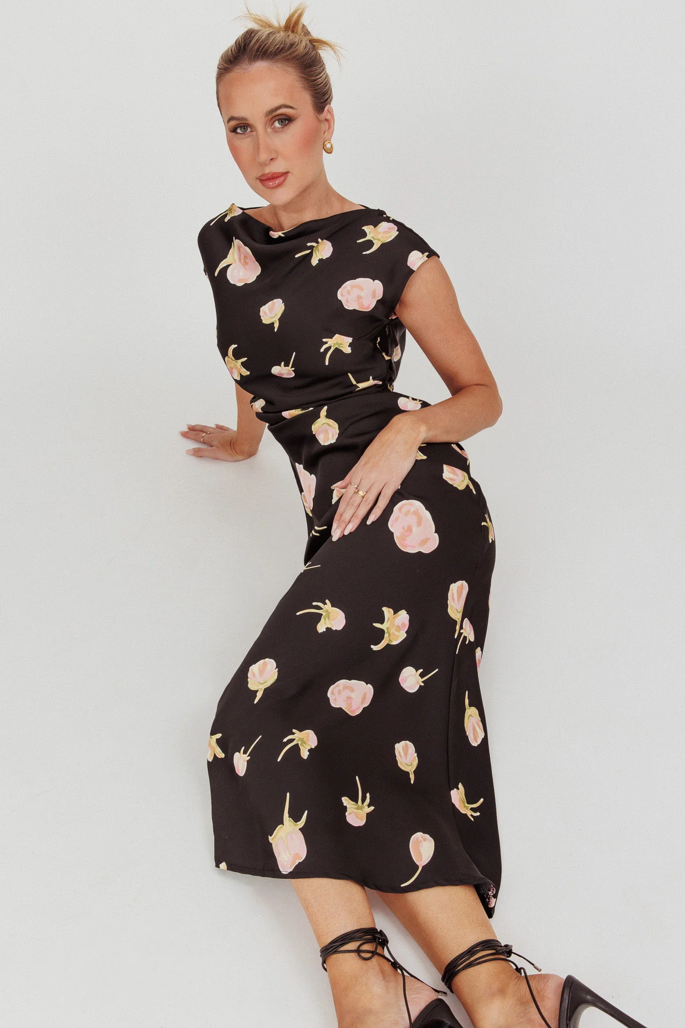 Loveland Floral Print Cowl Back Maxi Dress Oyster