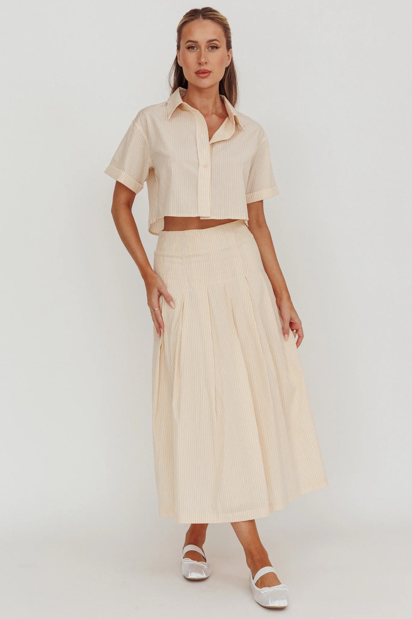 Zealous A-Line Striped Midi Skirt Beige/Off White