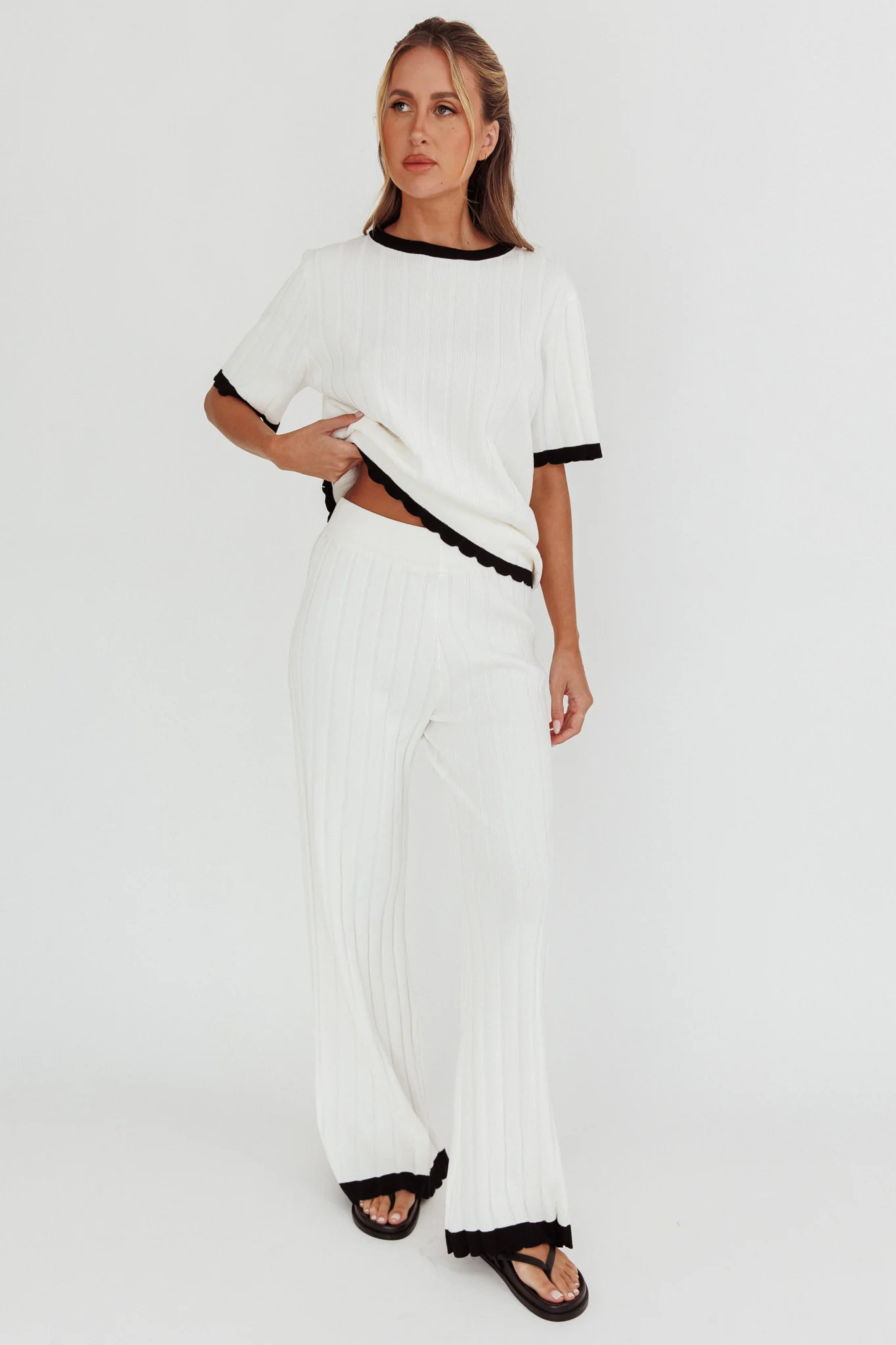 Liloh Contrast Trim Ribbed Knit Pants White