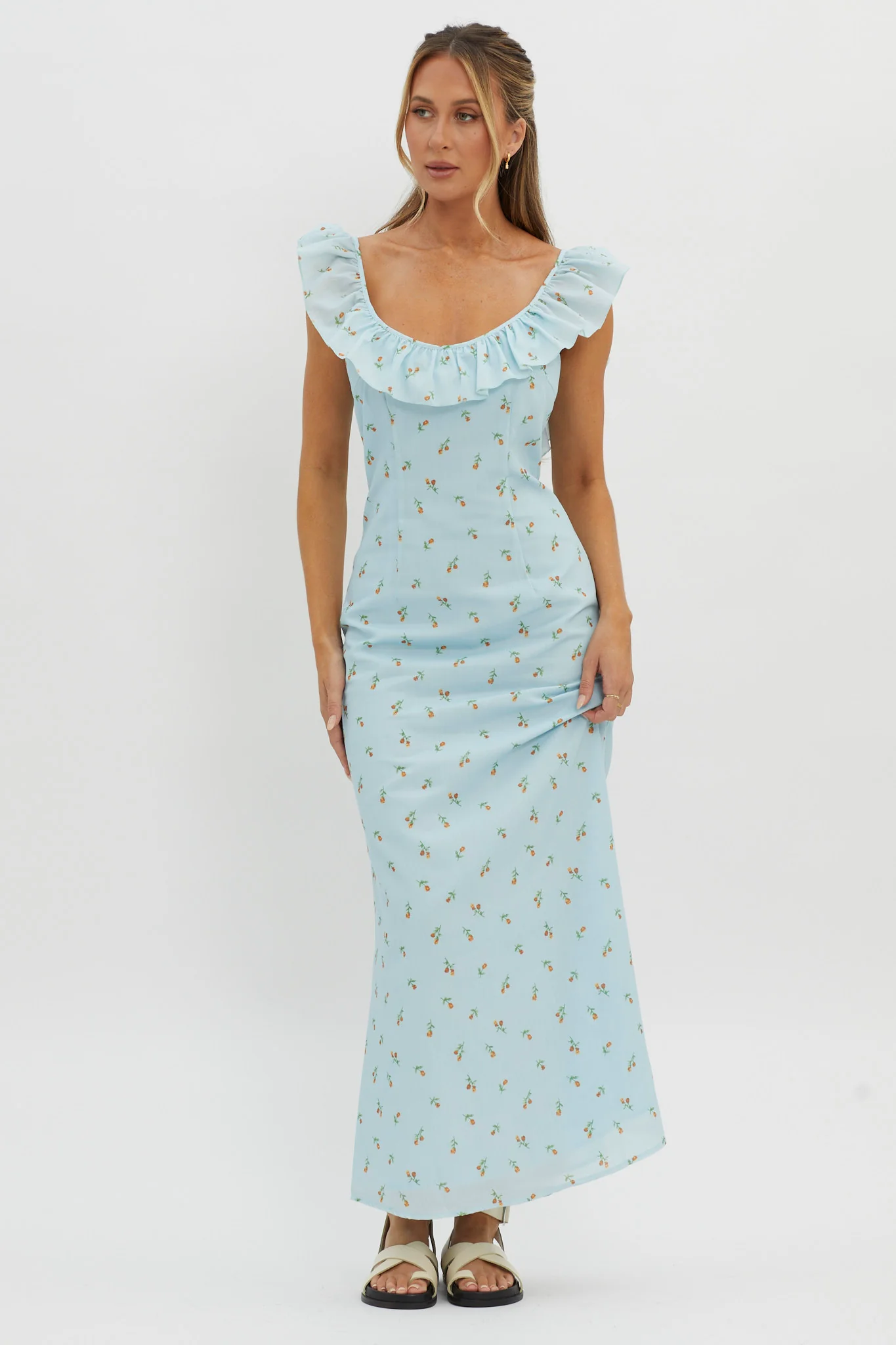 Merci Beaucoup Frill Neckline Maxi Dress Blue