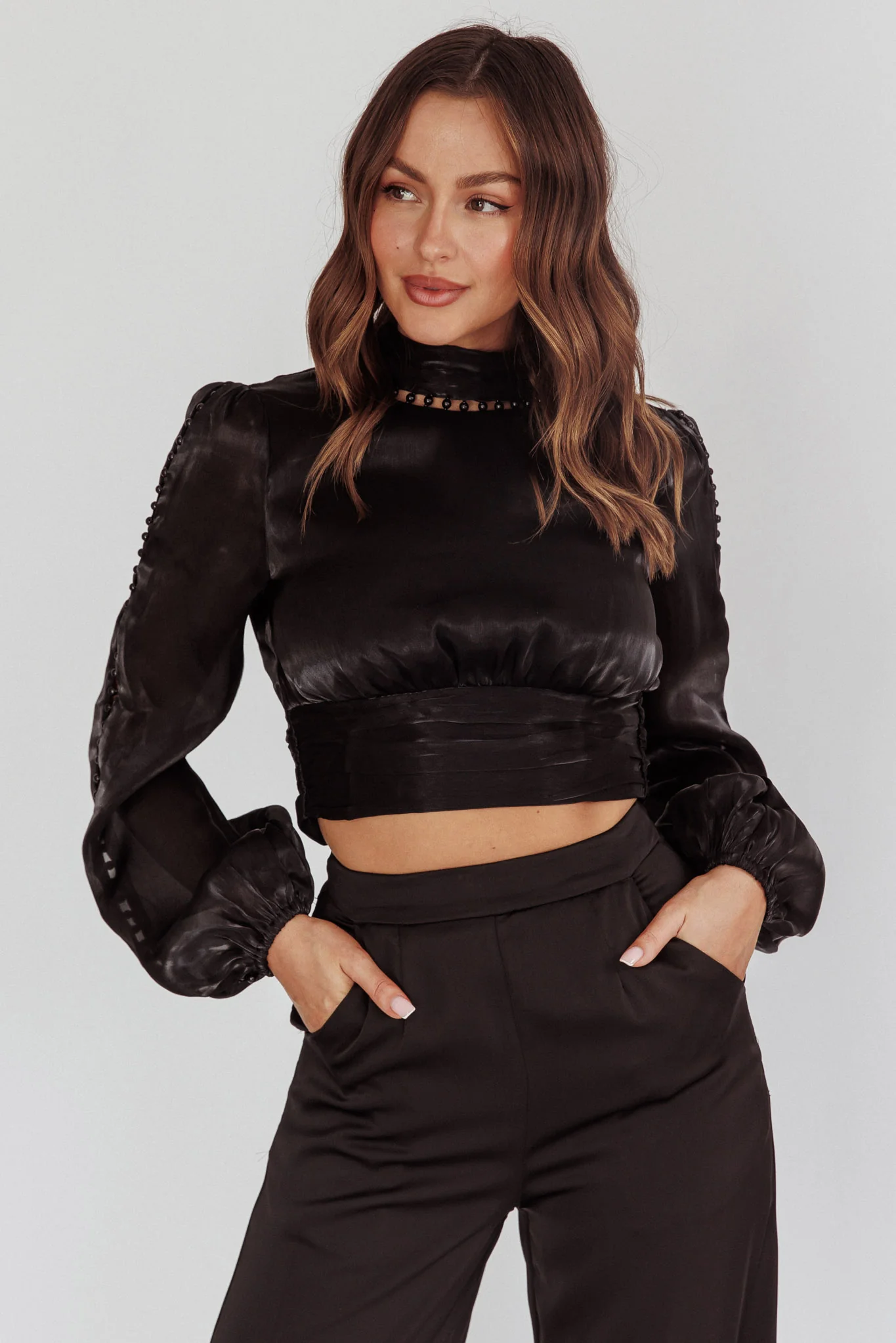 Caia Pearl Detail Open Back Top Black