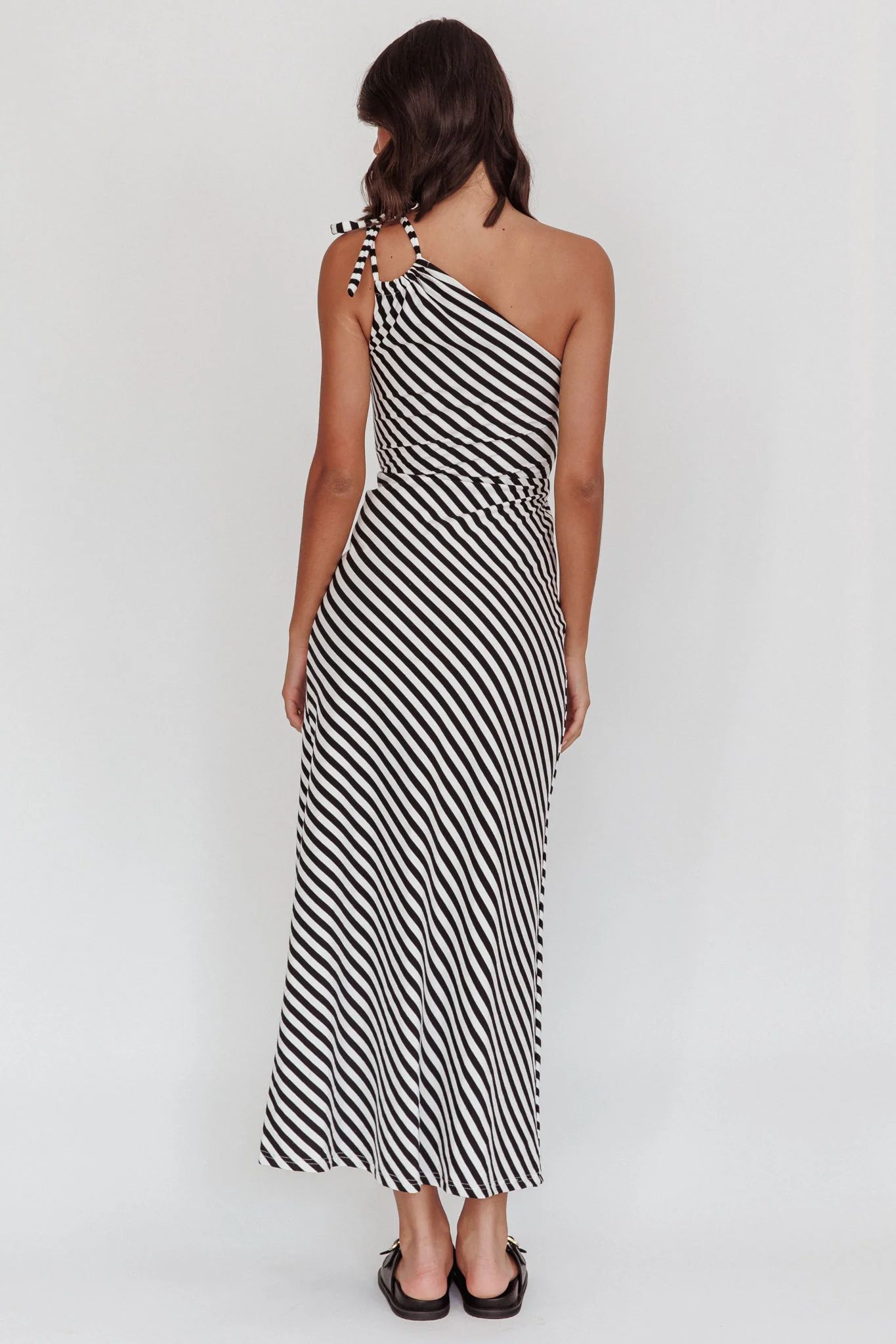 Ocean Road Tied One-Shoulder Maxi Dress Stripe Black