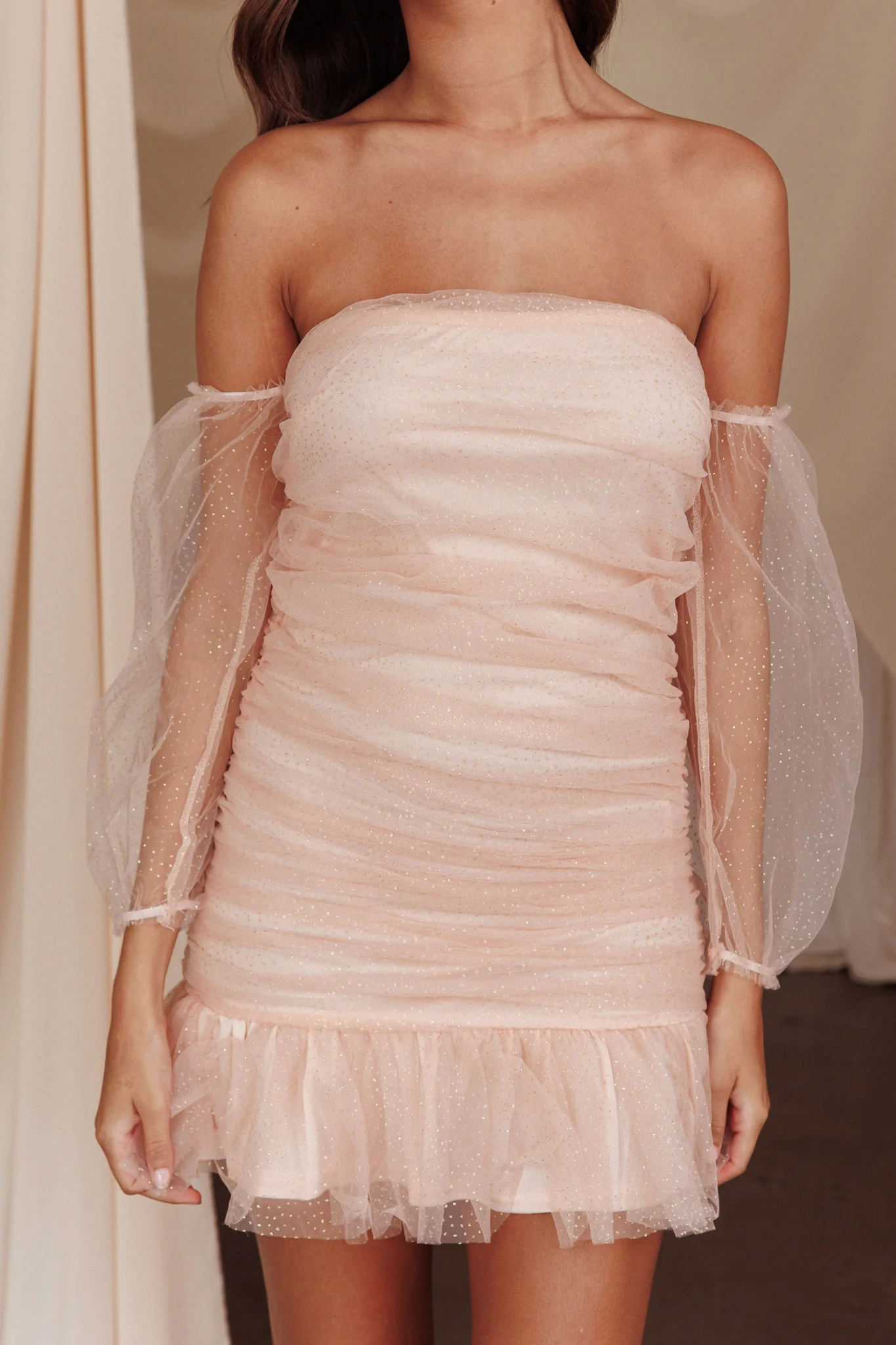 Moment In Time Off-Shoulder Mini Dress Peach/Gold