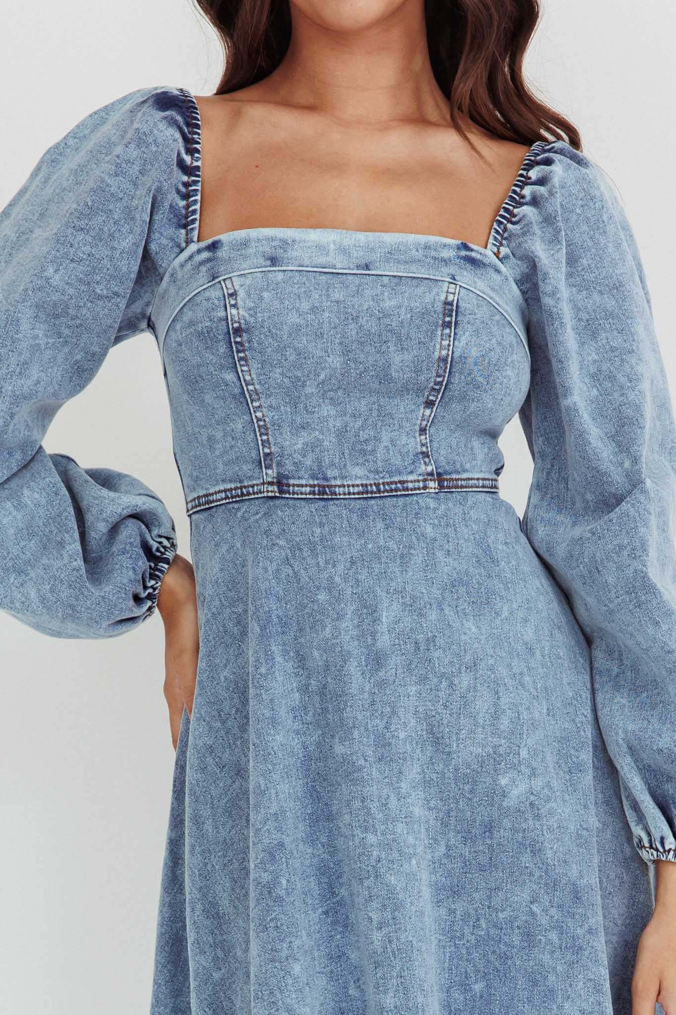 Jeanie Long Sleeve Midi Dress Denim Blue