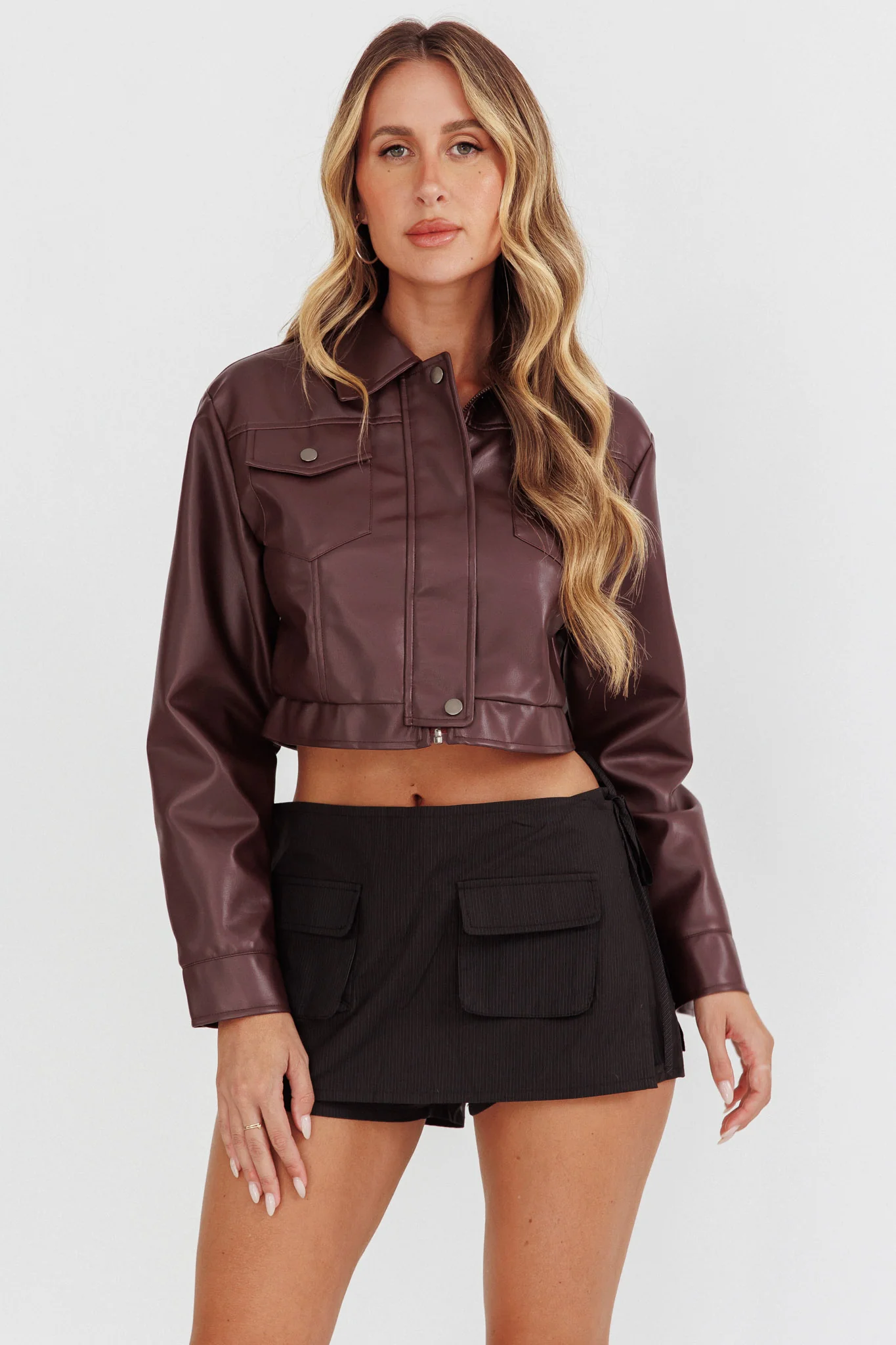 Navigator Snap Button Faux Leather Jacket Brown