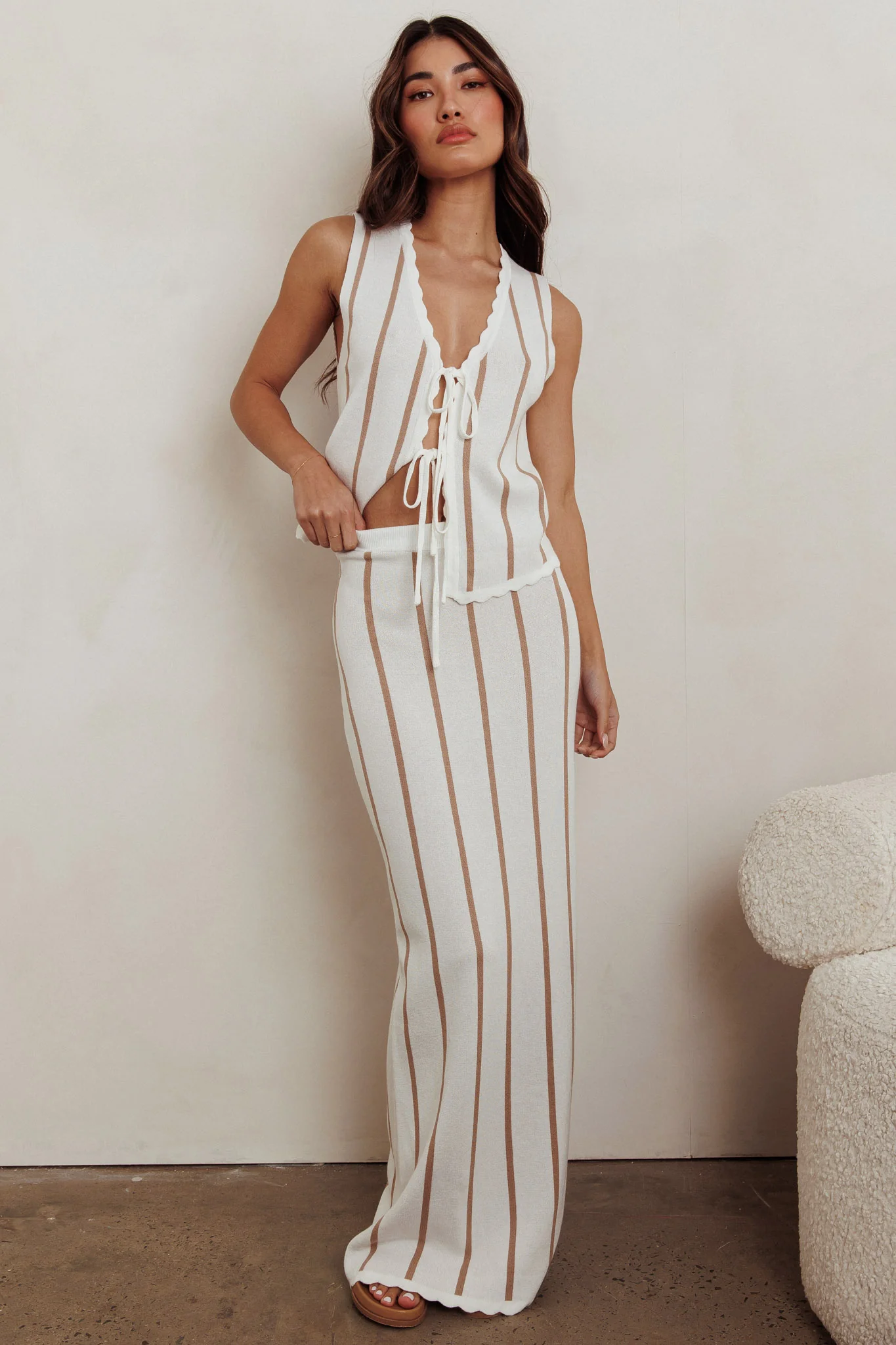 Aster Striped Maxi Knit Skirt Beige