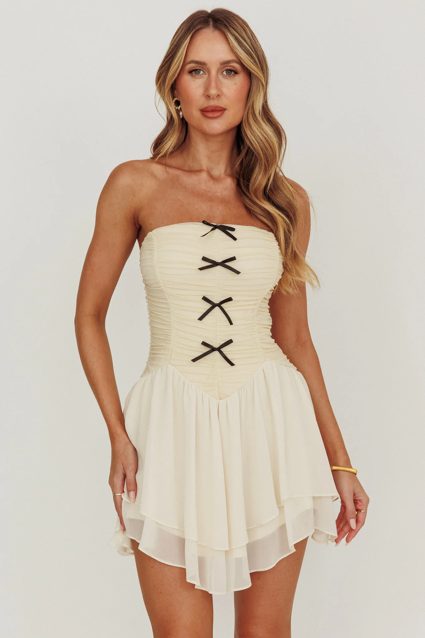 Cherry Lips Strapless Chiffon Mini Dress Cream
