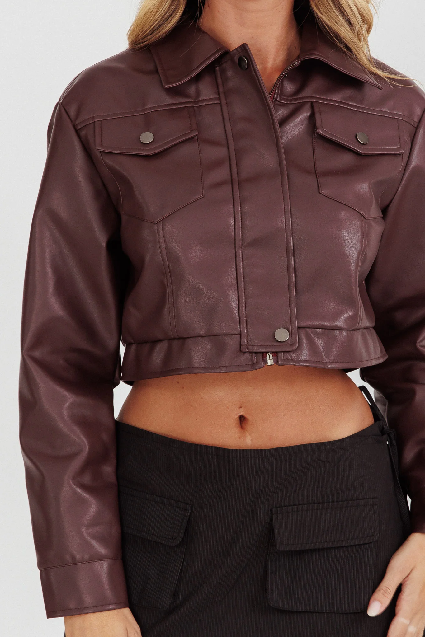 Navigator Snap Button Faux Leather Jacket Brown