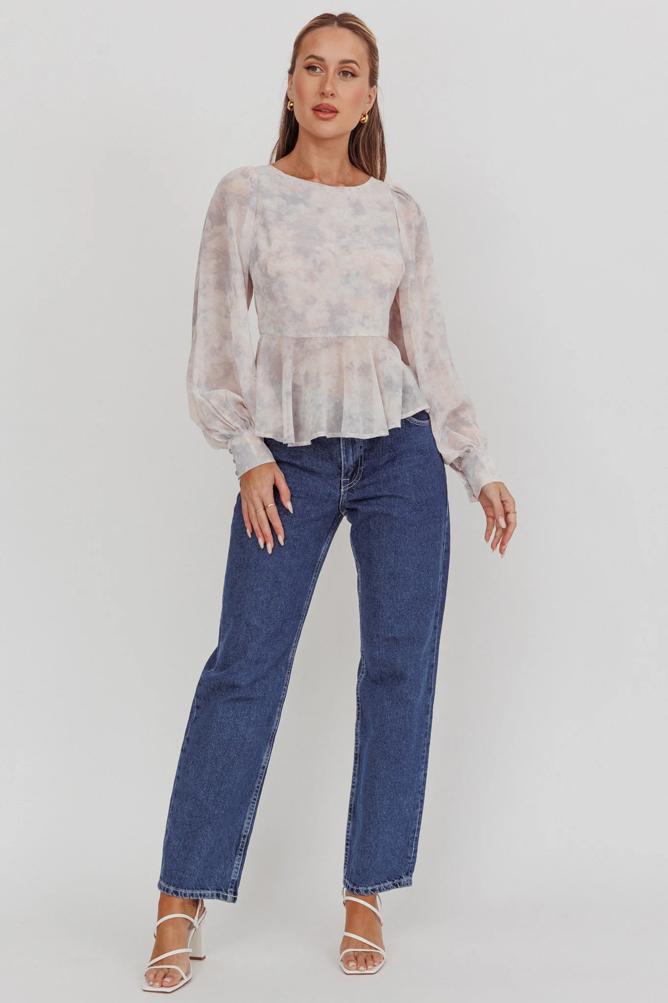 Helix Balloon Sleeves Peplum Top Dusty Blue/Peach