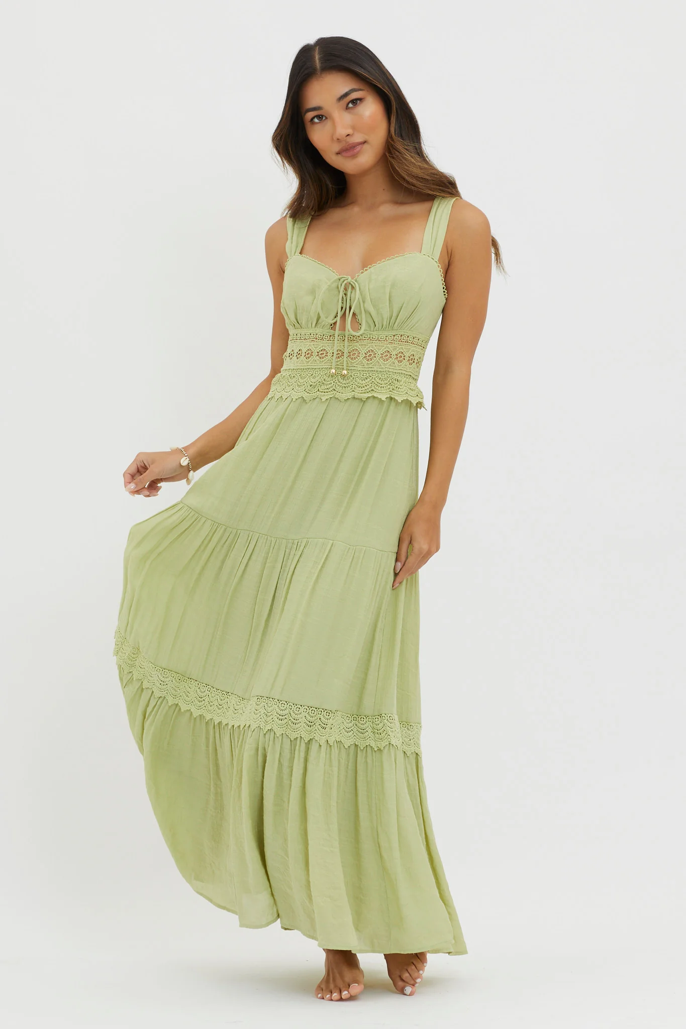 Libby Crochet Lace Waist Maxi Dress Green