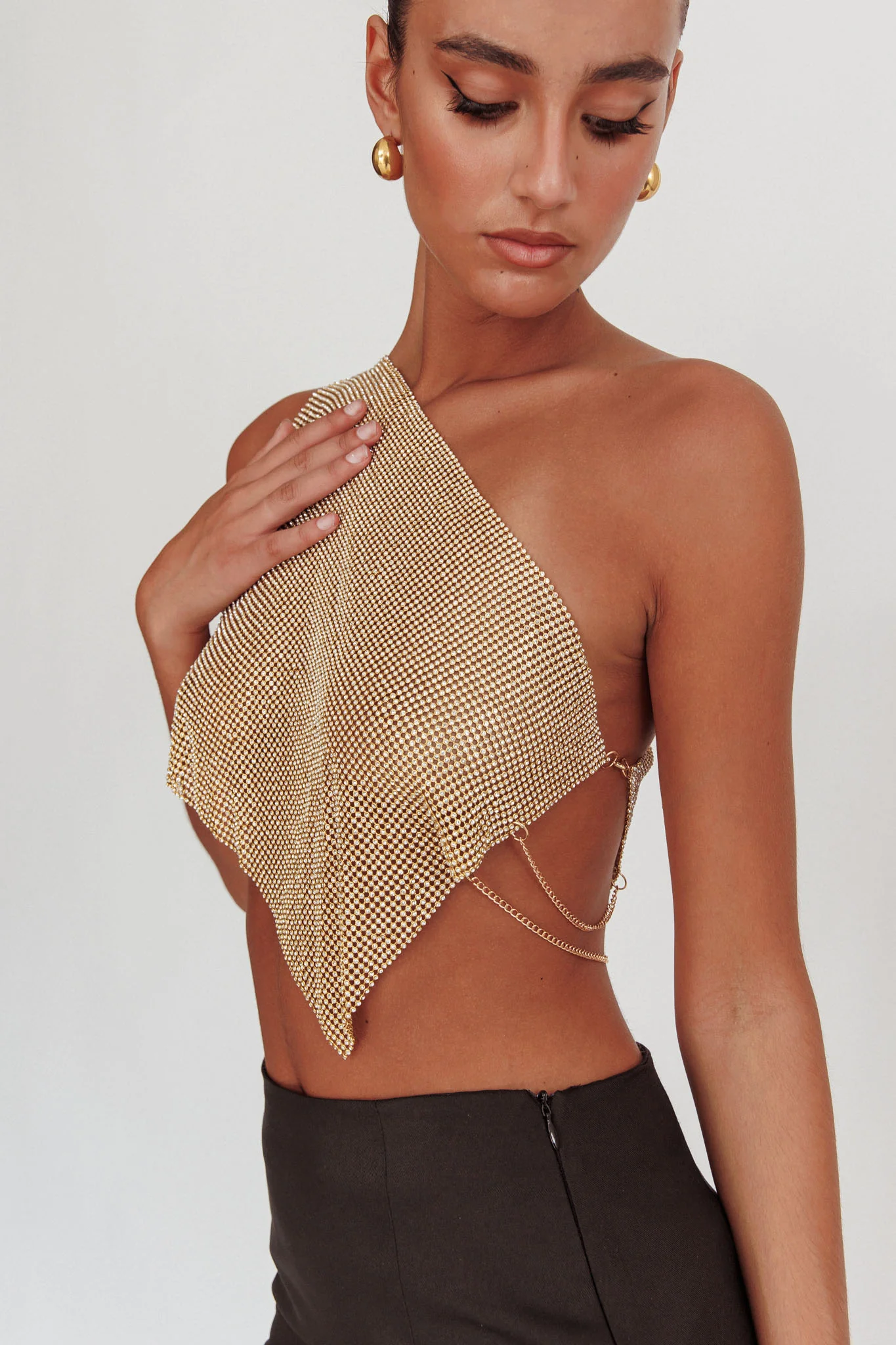 Sun Dial One Shoulder Diamante Top Gold