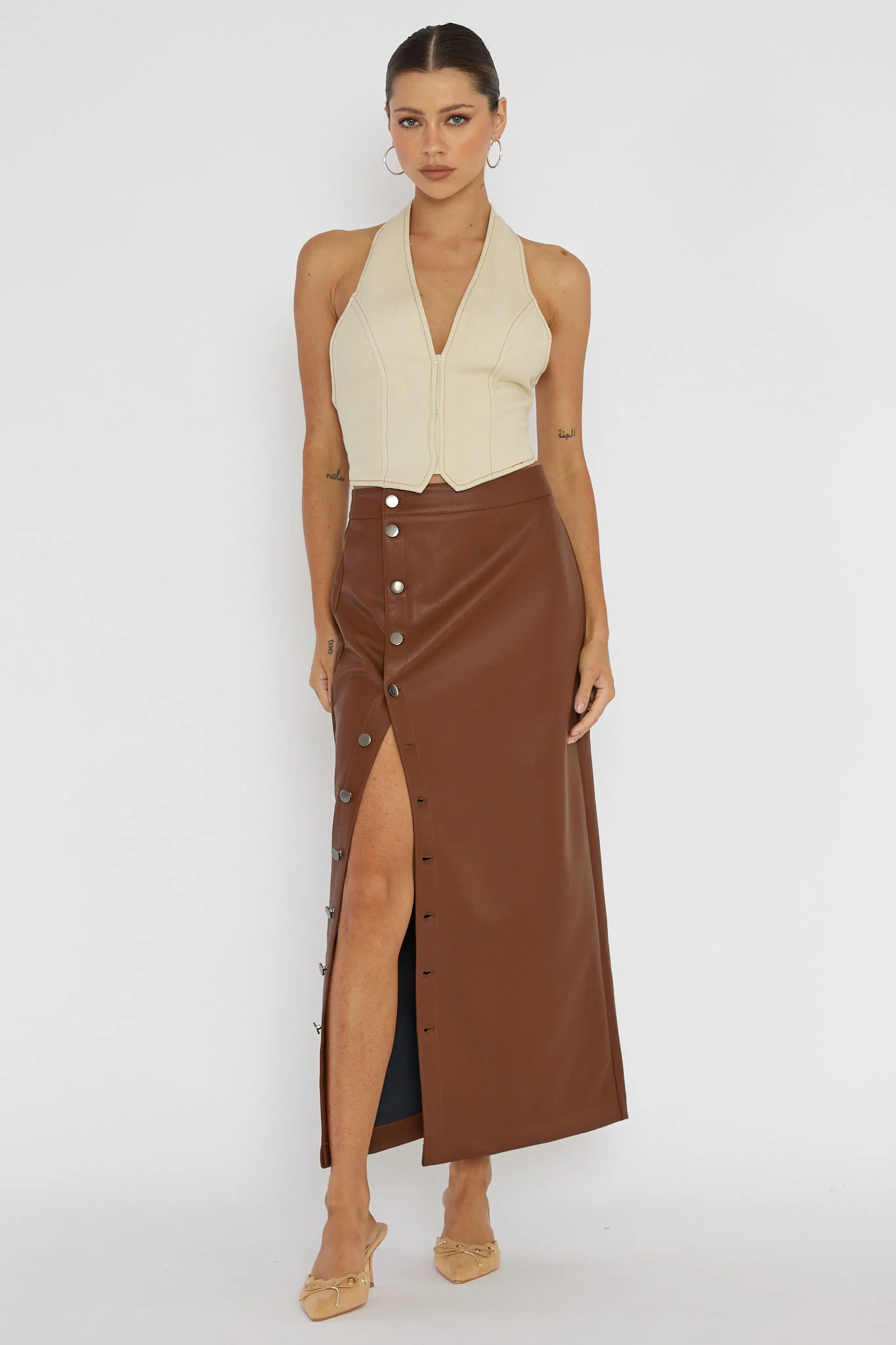 Angelica Button-Up Faux Leather Midi Skirt Brown
