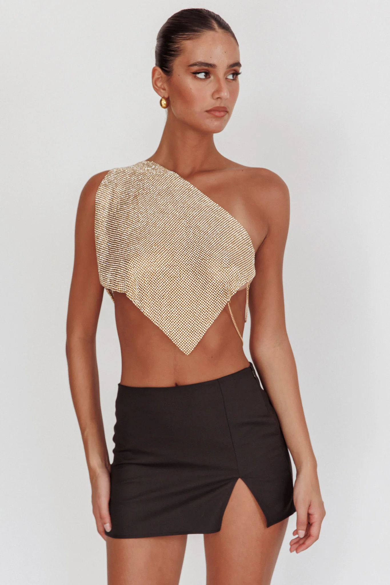 Sun Dial One Shoulder Diamante Top Gold