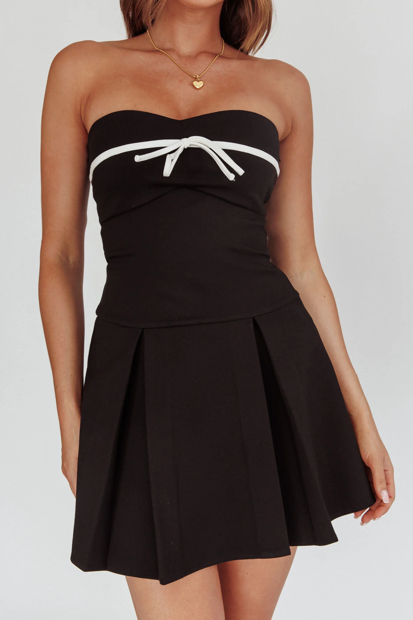 Camelia Box Pleat Bow Mini Dress Black