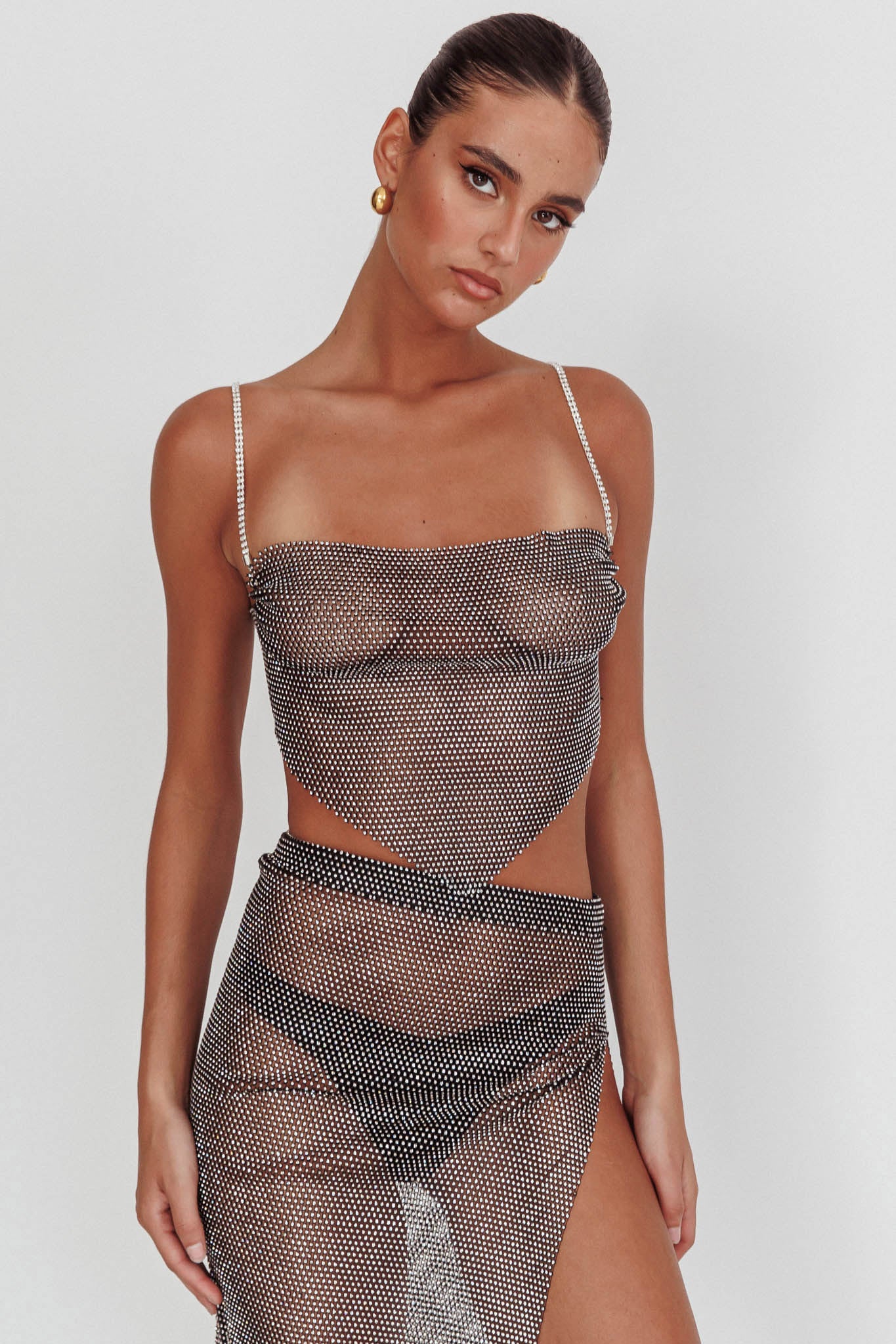 Eden Nights Diamante Mesh Top Black