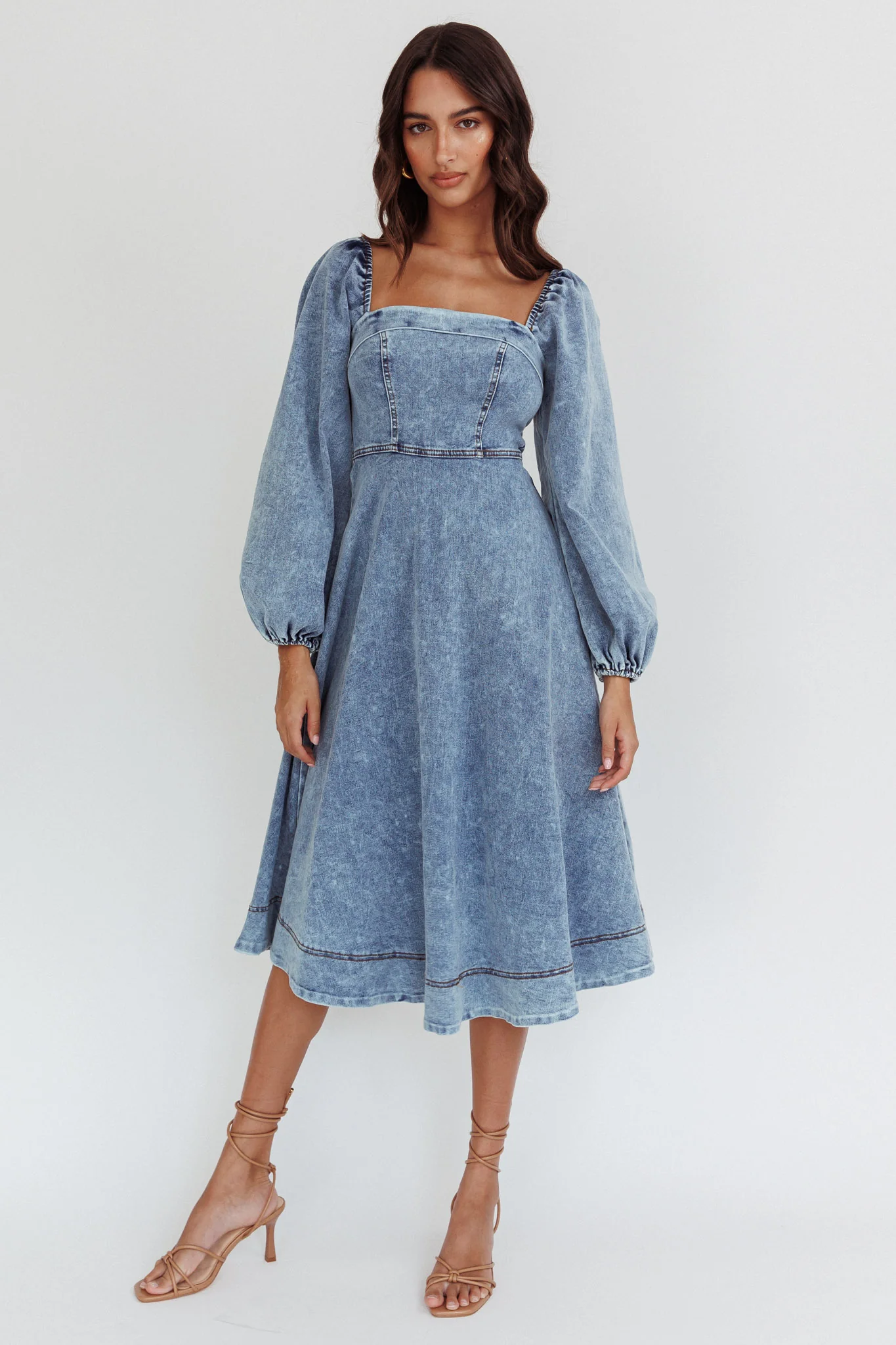 Jeanie Long Sleeve Midi Dress Denim Blue
