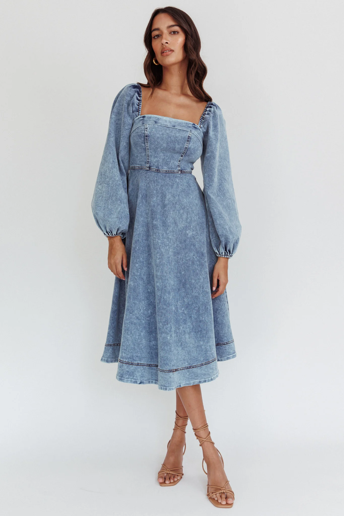 Jeanie Long Sleeve Midi Dress Denim Blue