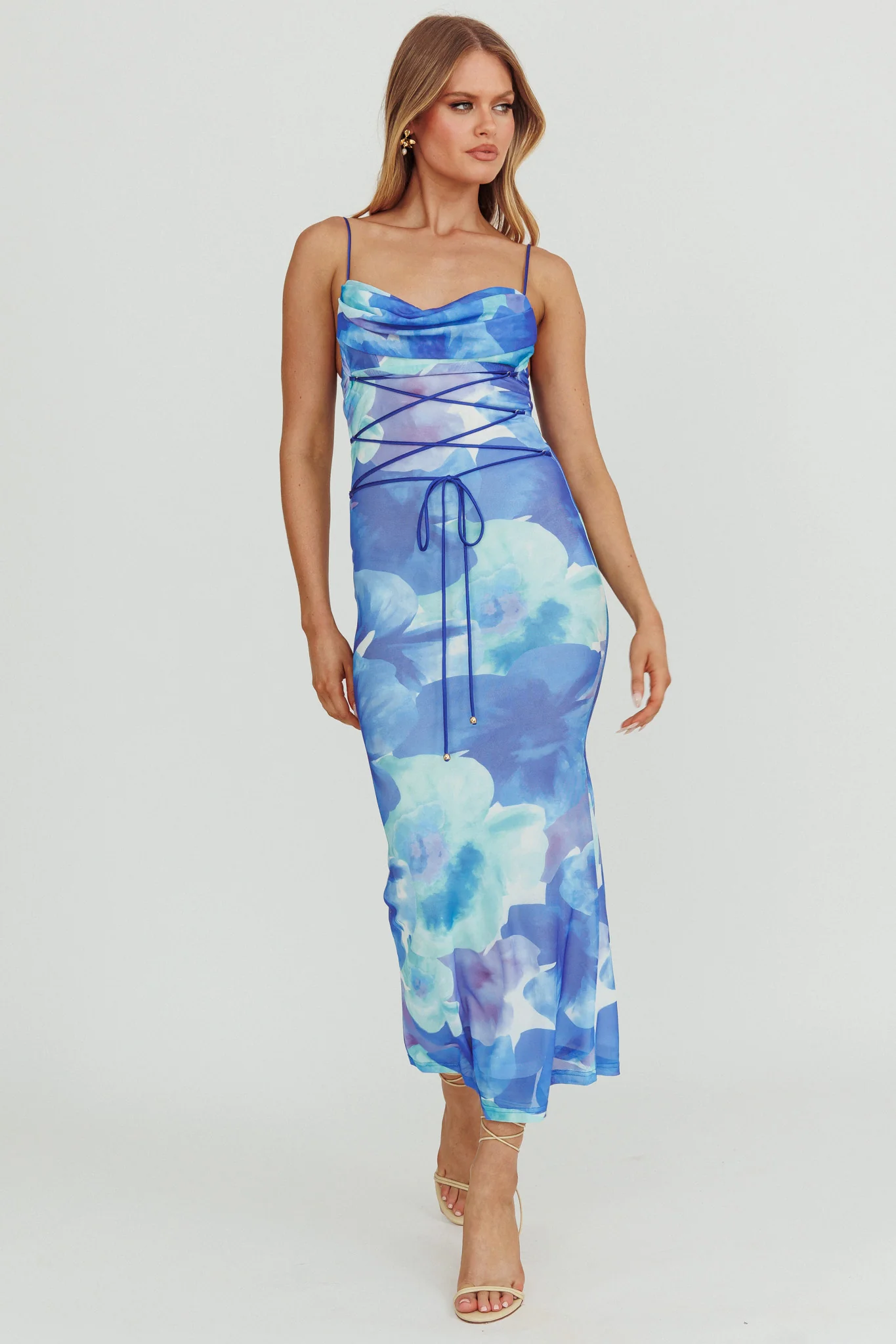 Teava Laced Waist Maxi Dress Flowers Blue