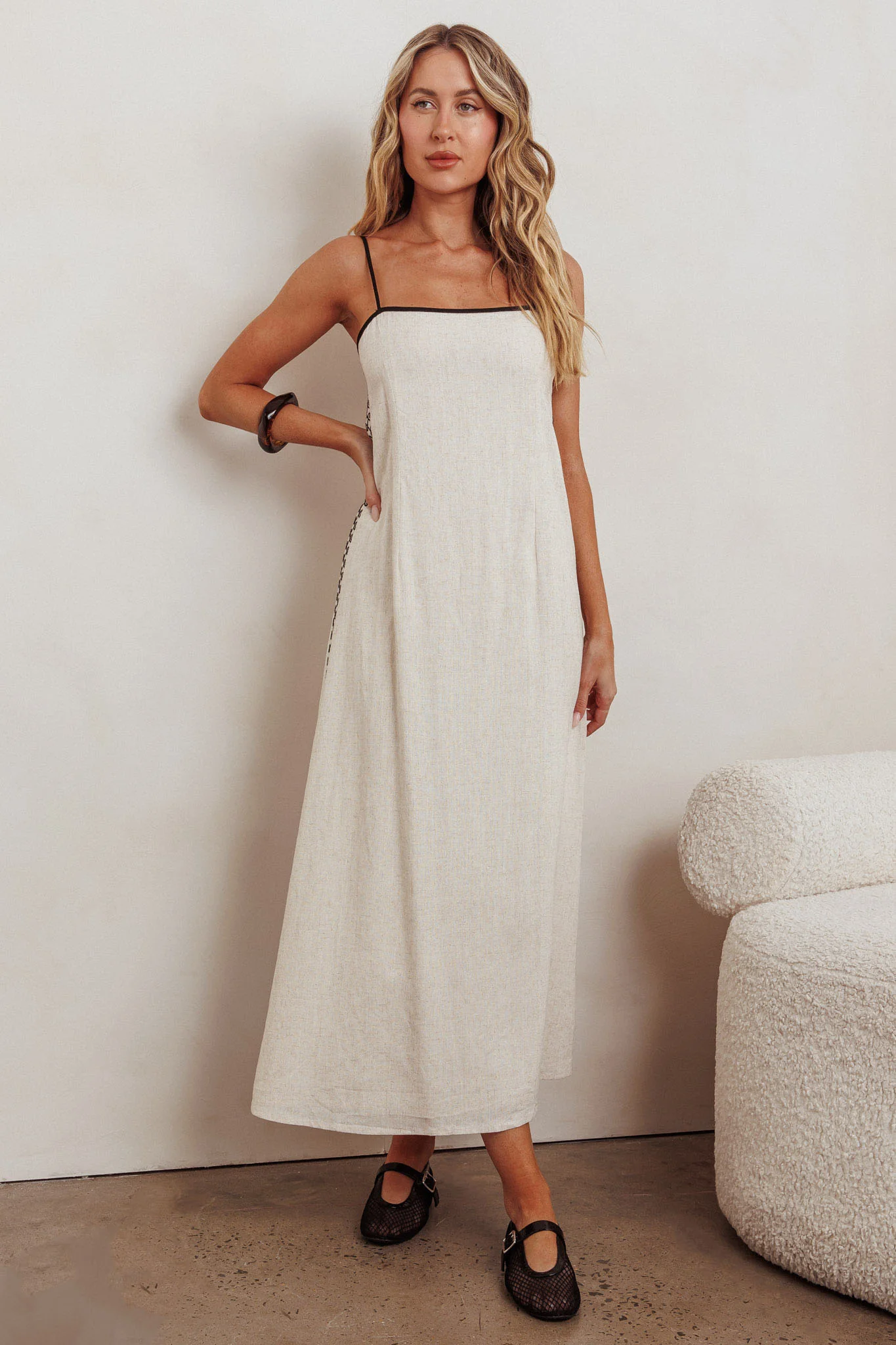 Radiance Contrast Embroidery Midi Dress Oat