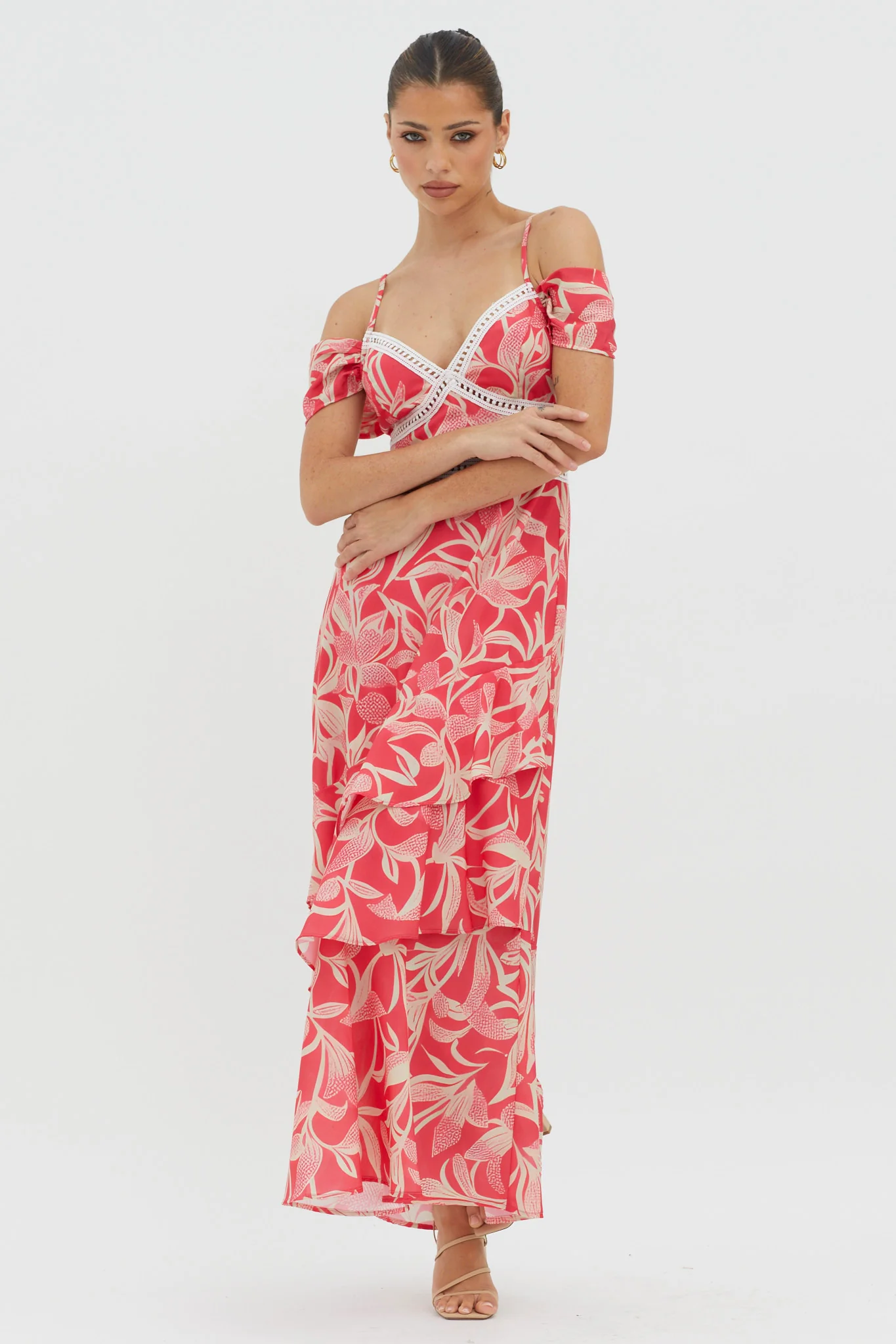 Seina Off-Shoulder Crochet Trim Dress Print Red