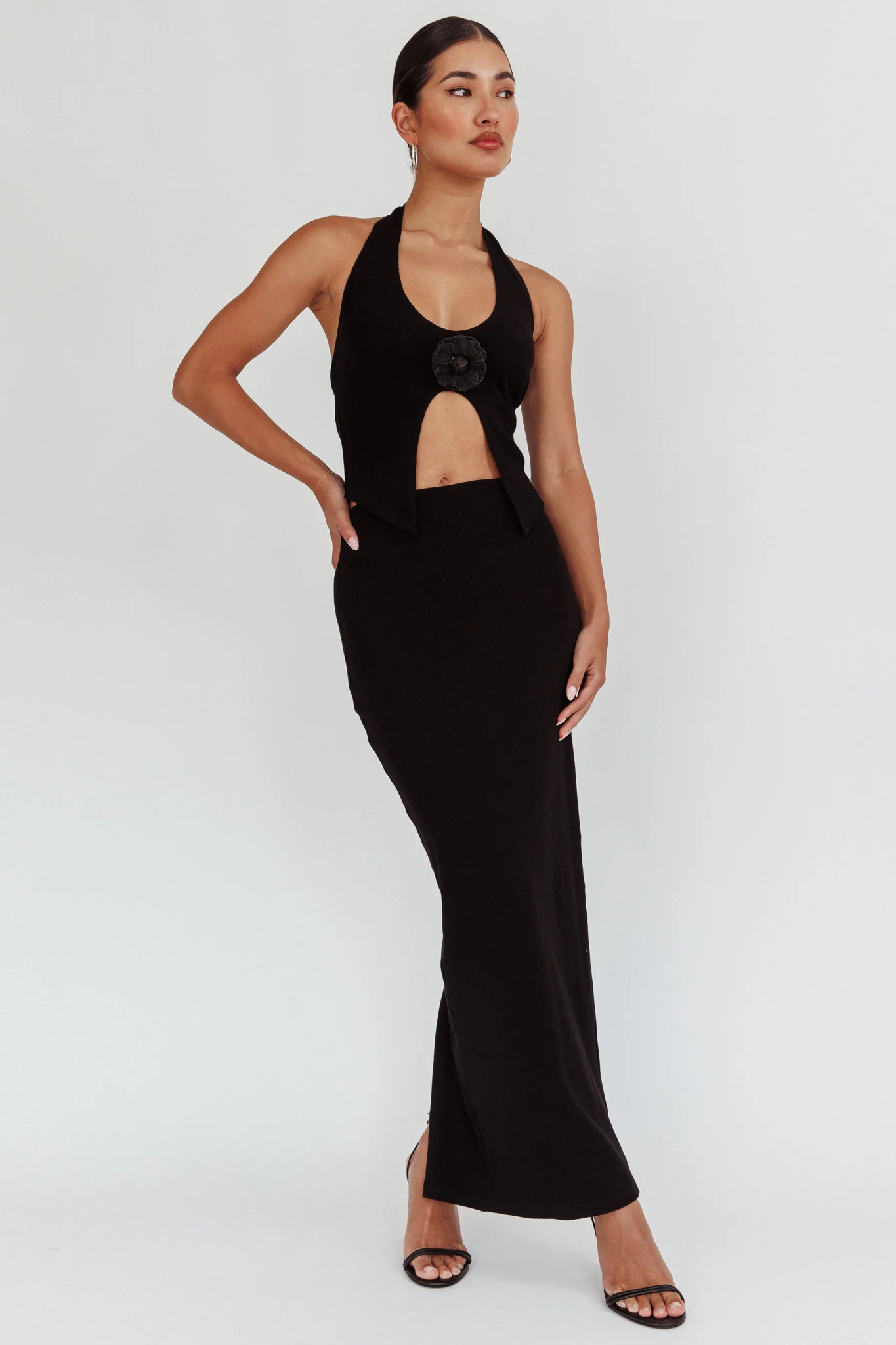 Blackthorn Halter Neck Rosette Top Black