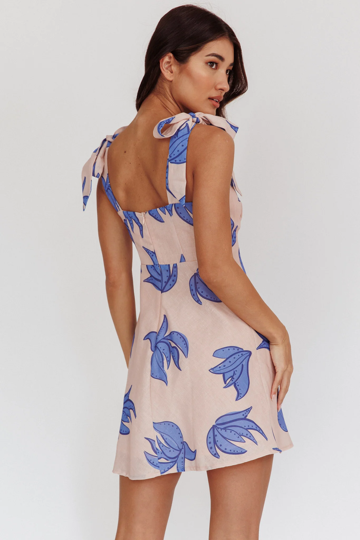 Mykonos Morning Tied Shoulder Mini Dress Plant Print Beige