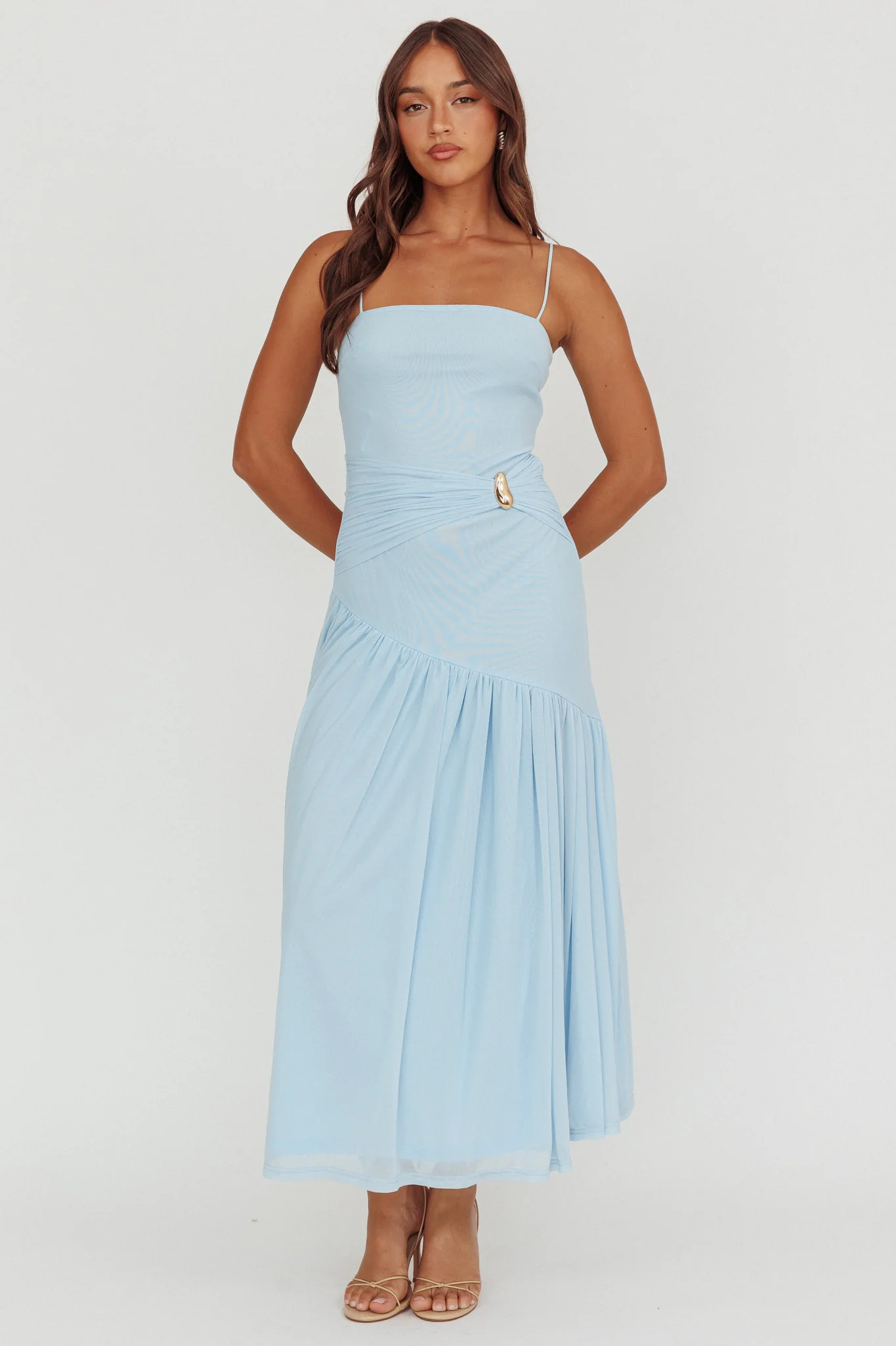 Azure Sun Drop Waist Split Maxi Dress Light Blue