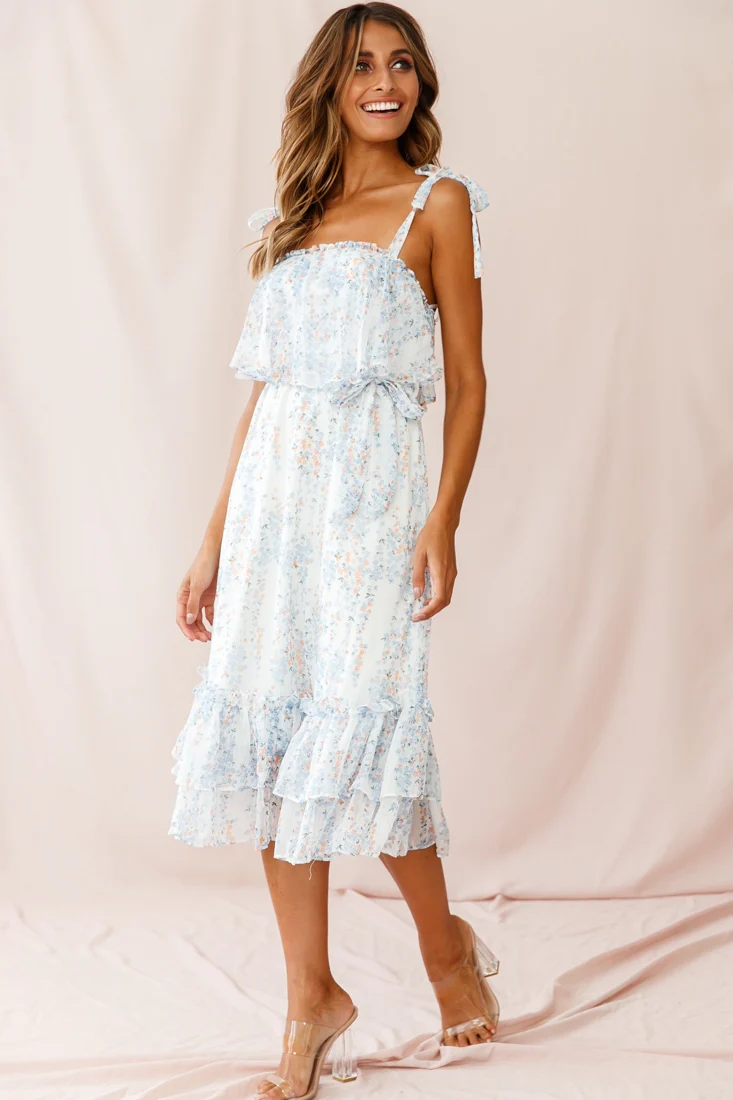 Maeve Shoulder Tie Layered Ruffle Dress White