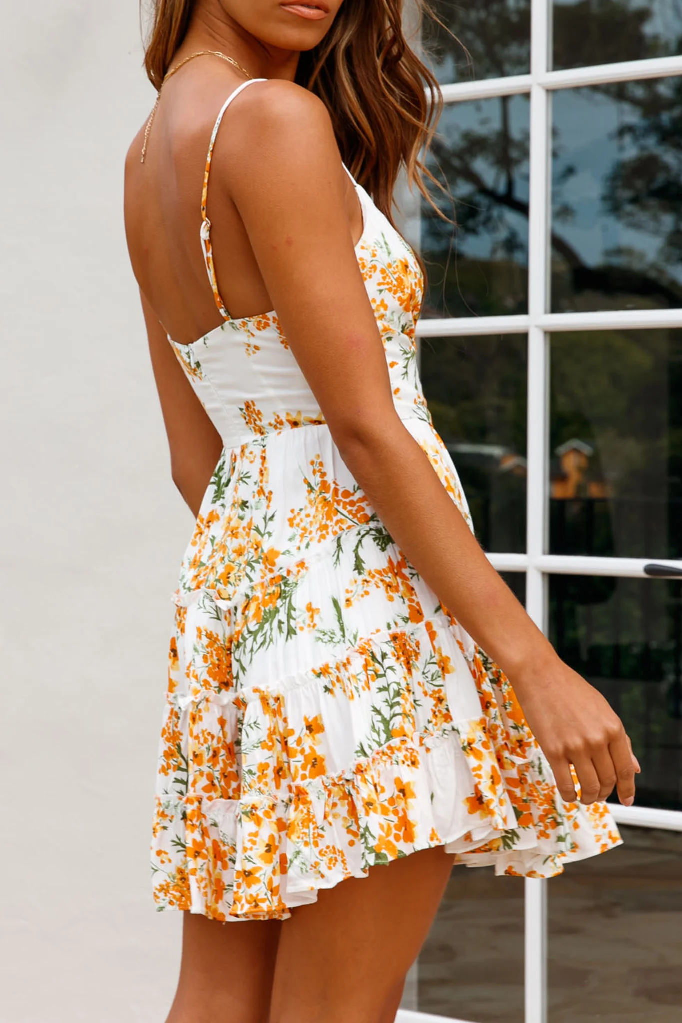 Jocelyn Cami Strap Waist Tie Frill Dress Floral Print Orange Multi