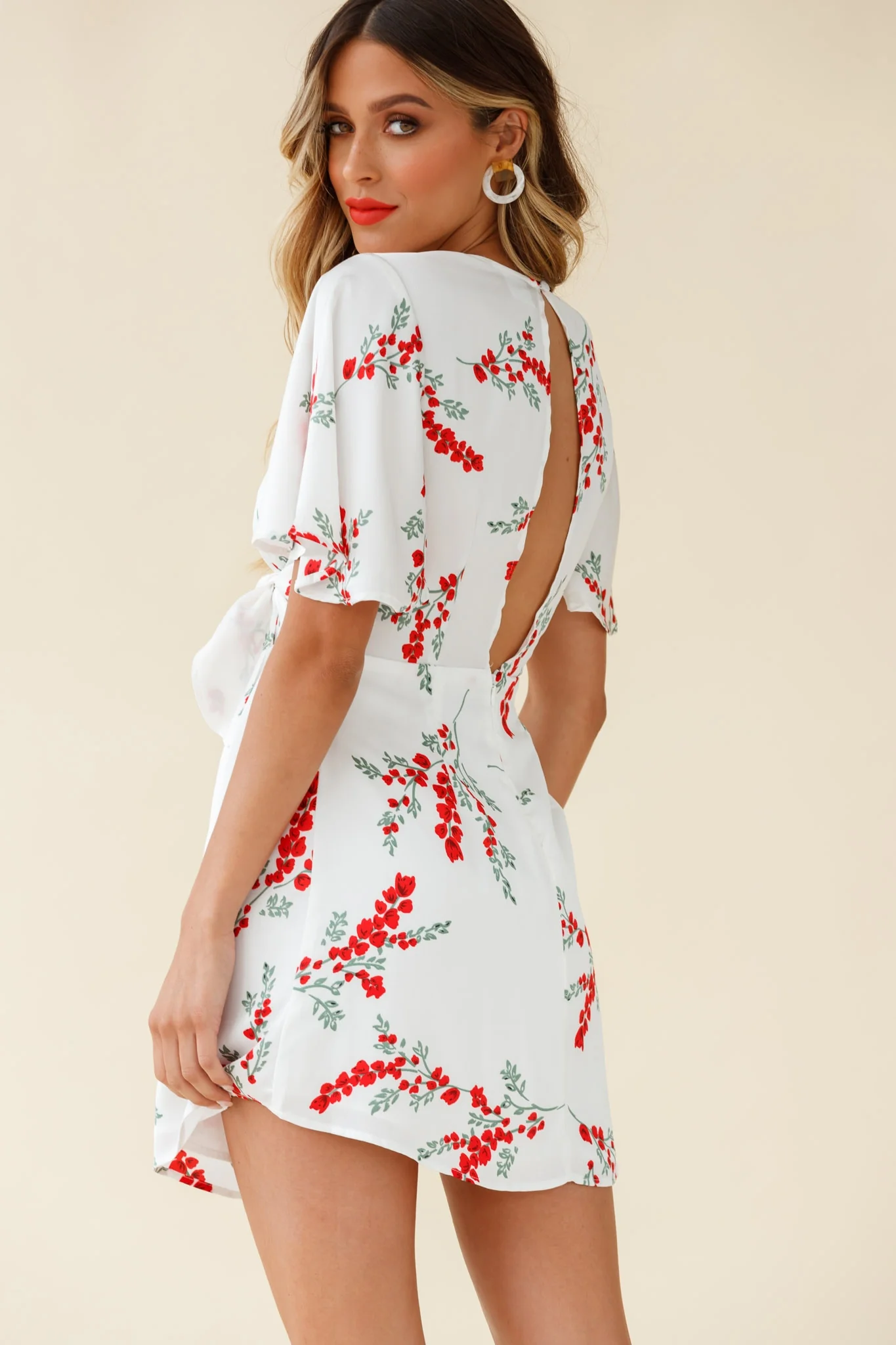 Stealing Hearts Flutter Sleeve Wrap Front Dress Floral Print White