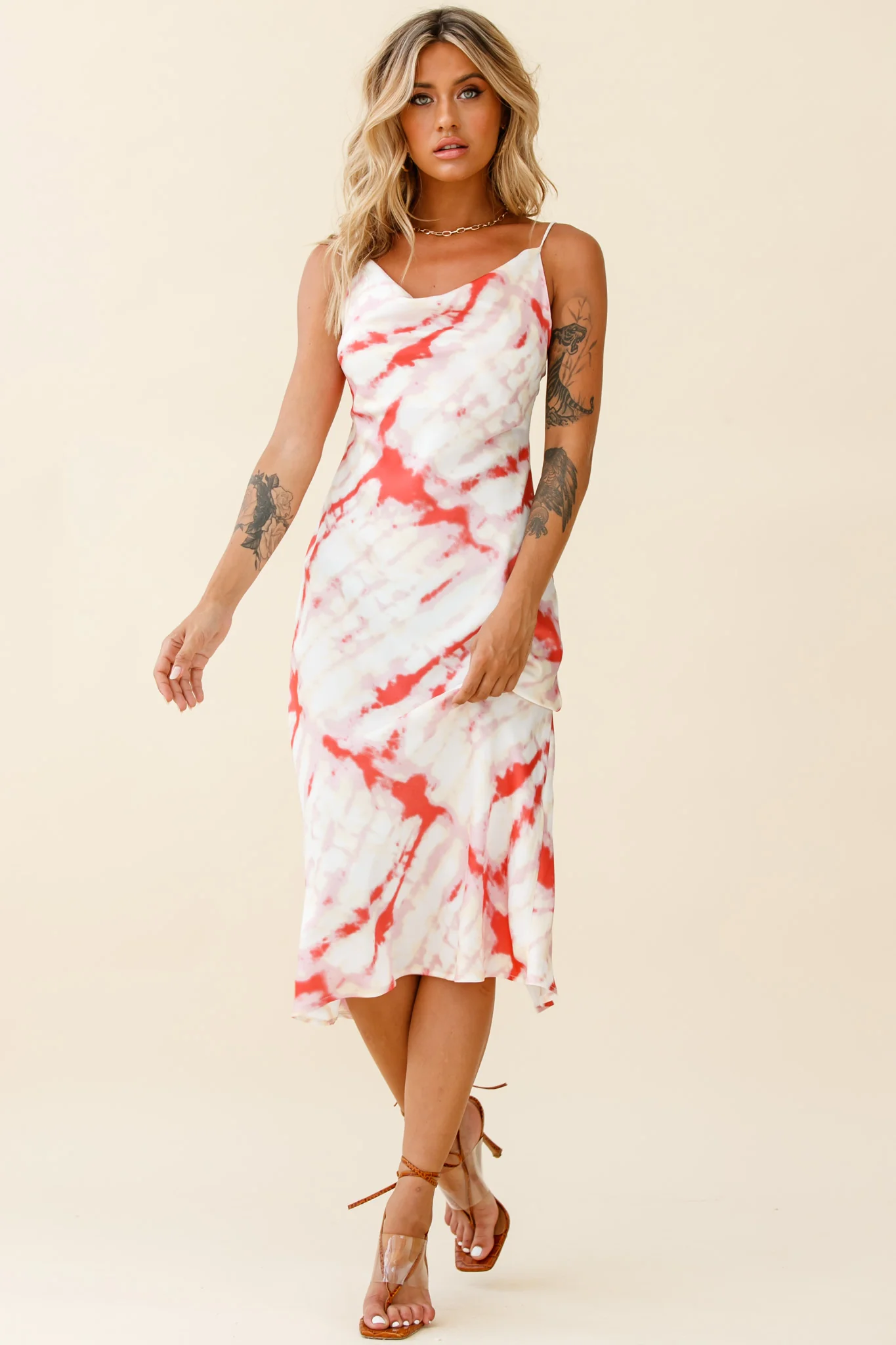 Show Me Love Cowl Neck Midi Dress Tie-Dye Red