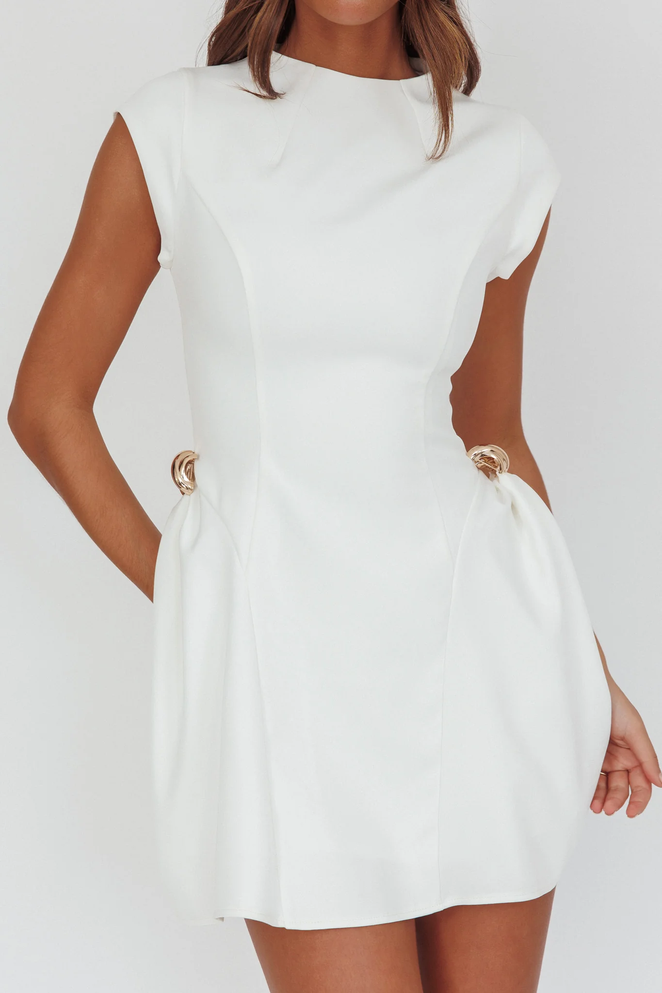 Girl Talks Cap Sleeve Puff Skirt Mini Dress Off White