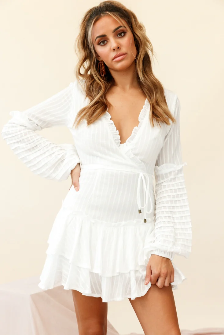 Neve Balloon Sleeve Layered Ruffle Hem Dress White
