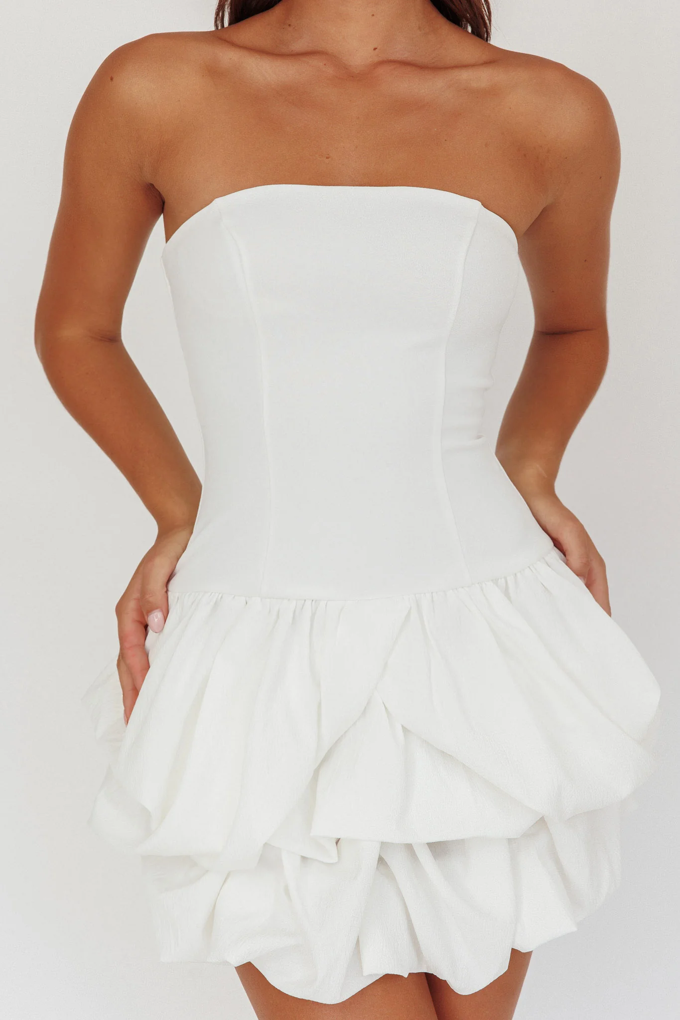 Nefiti Strapless Layered Bubble Hem Dress White