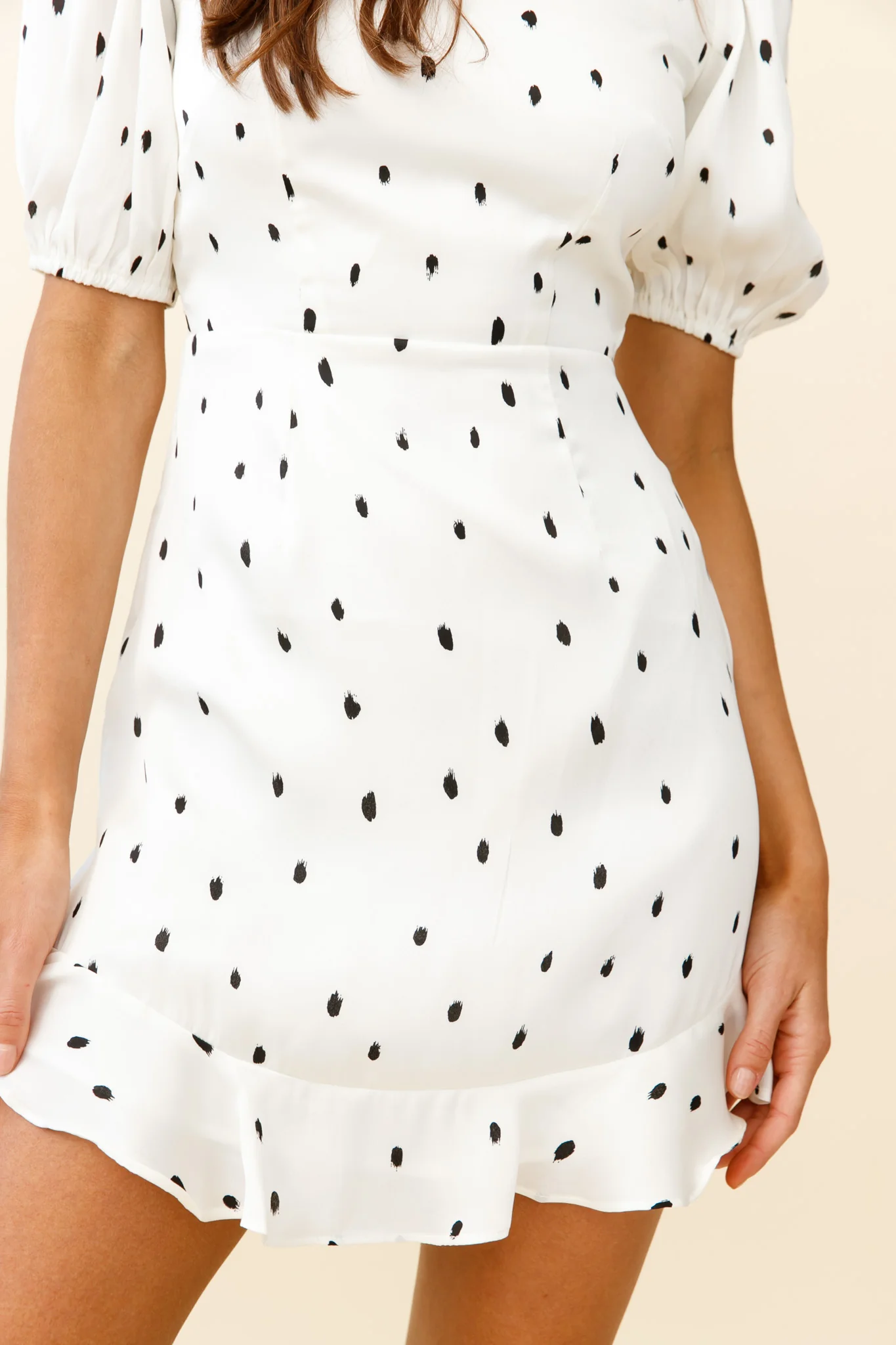 Indiana Puff Sleeve Lace-Up Back Dress Spot Print White