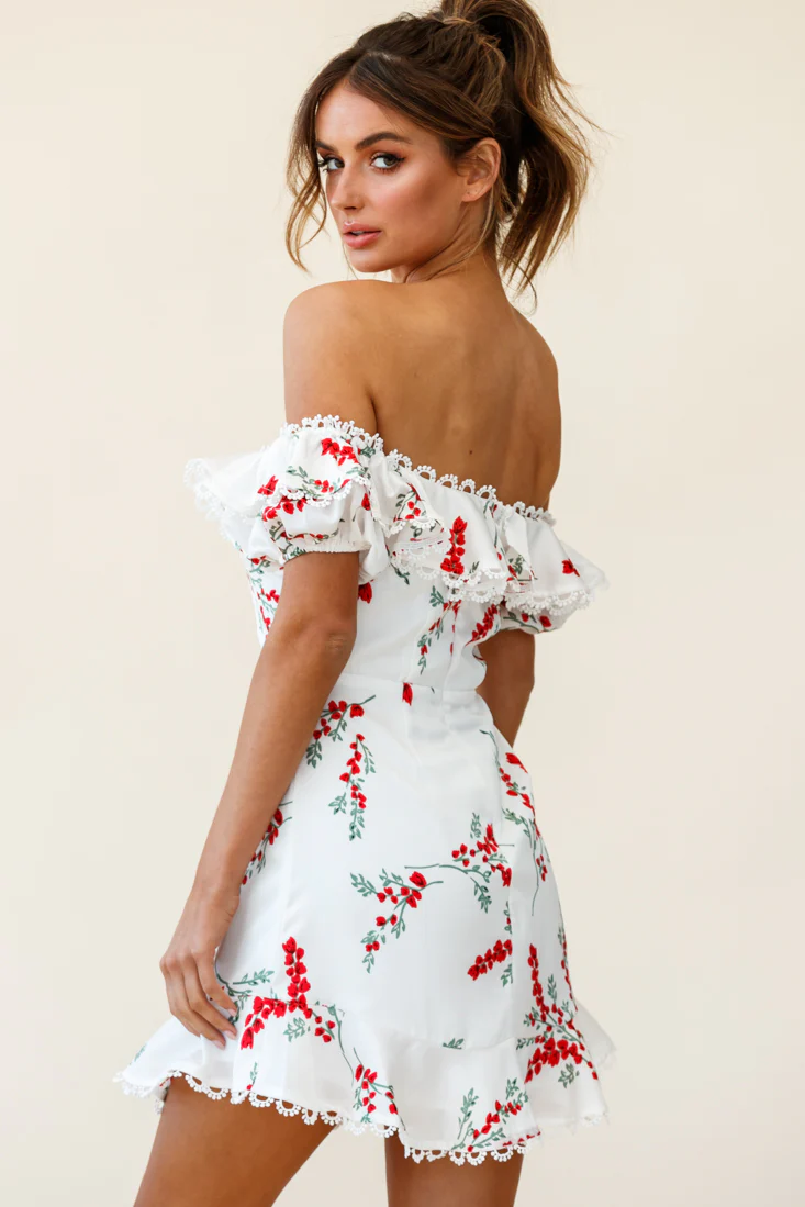 Bobby Bardot Neckline Puff Sleeve Dress Flower Spring Print White