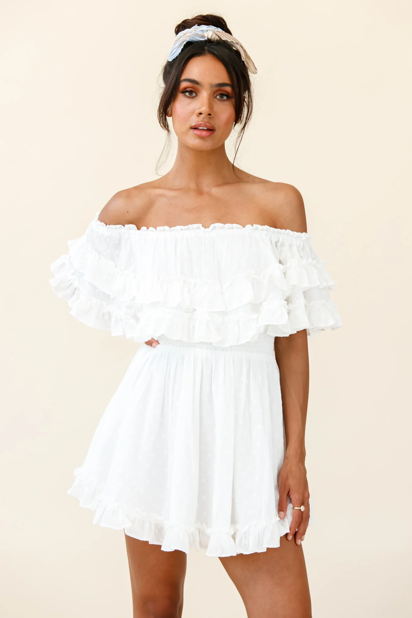 Meet Me At Sunset Bardot Neckline Frill Trim Dress Spotty White