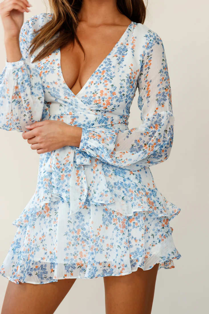 Kerry Layered Balloon Sleeve Dress Floral Vine Print White