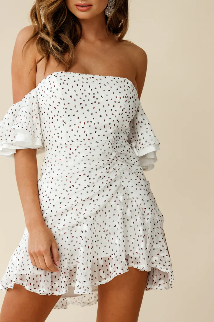Lure Off-Shoulder Ruched Dress Speckle Print White