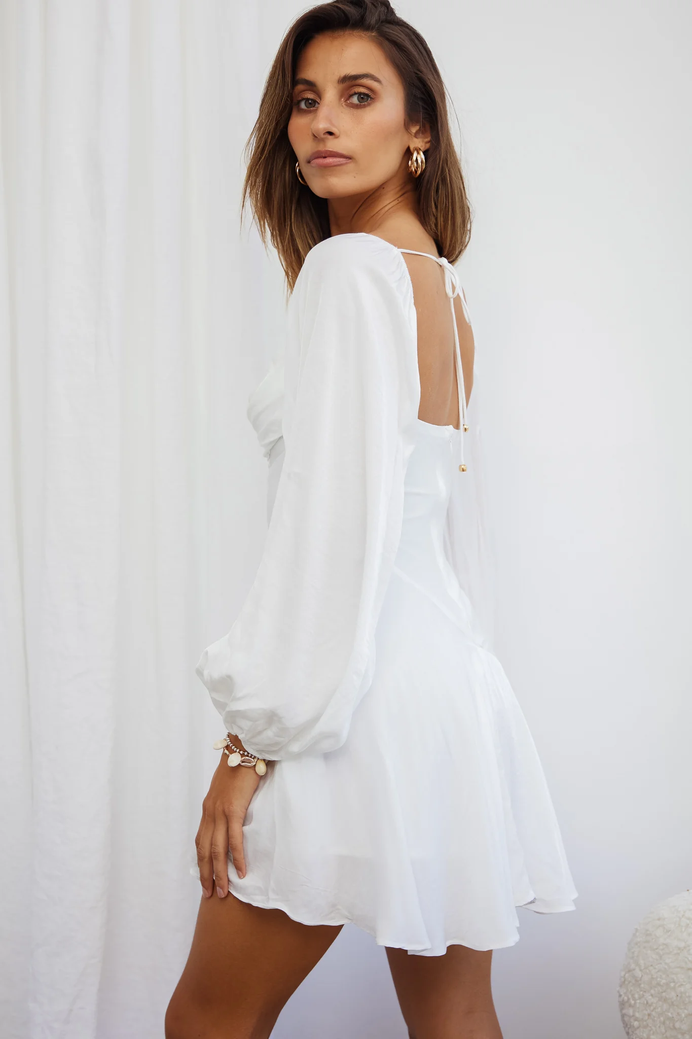 Beaujolais Long Sleeve Cowl Neckline Ruffle Satin Mini Dress White