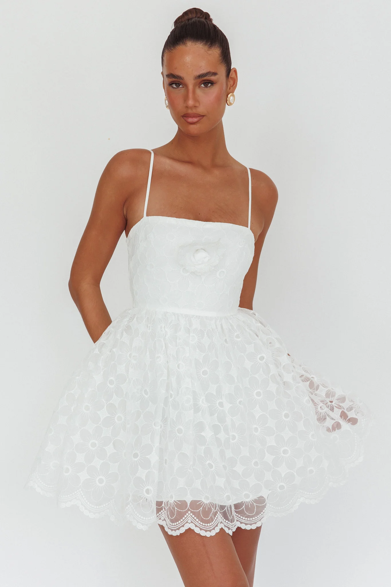 Bahia A-Line Square Neckline Mini Dress Lace White