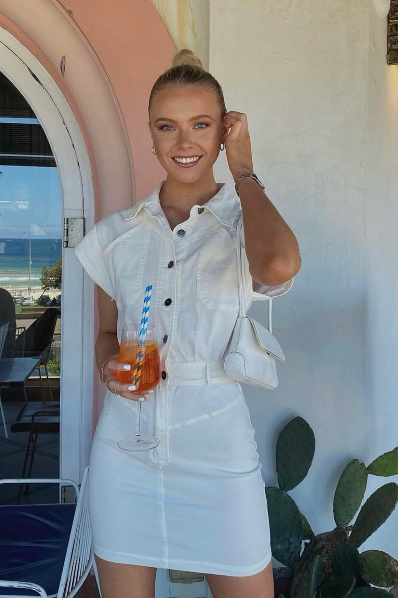 New Day Short Sleeve Button-Up Mini Dress White