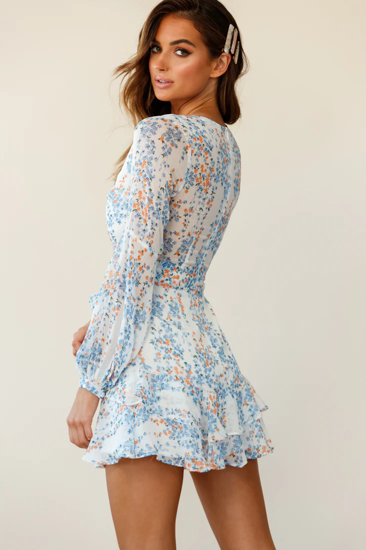 Kerry Layered Balloon Sleeve Dress Floral Vine Print White