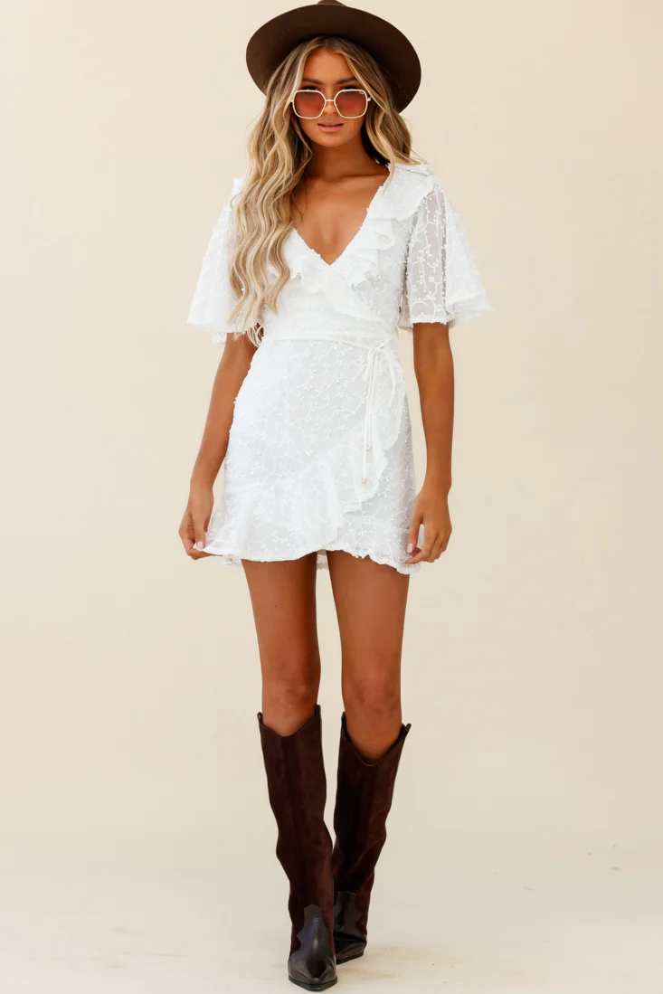 Bryana Angel Sleeve Ruffle Embellished Overlay Dress White