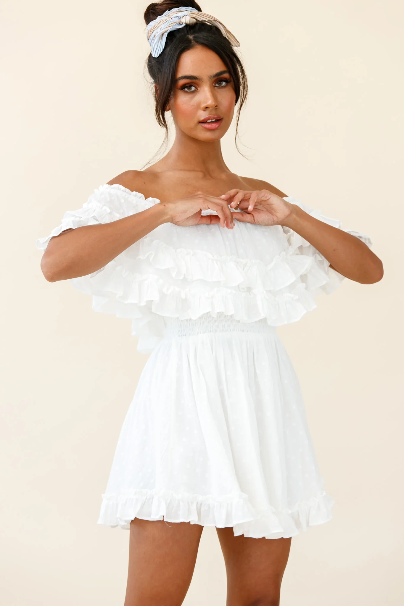 Meet Me At Sunset Bardot Neckline Frill Trim Dress Spotty White