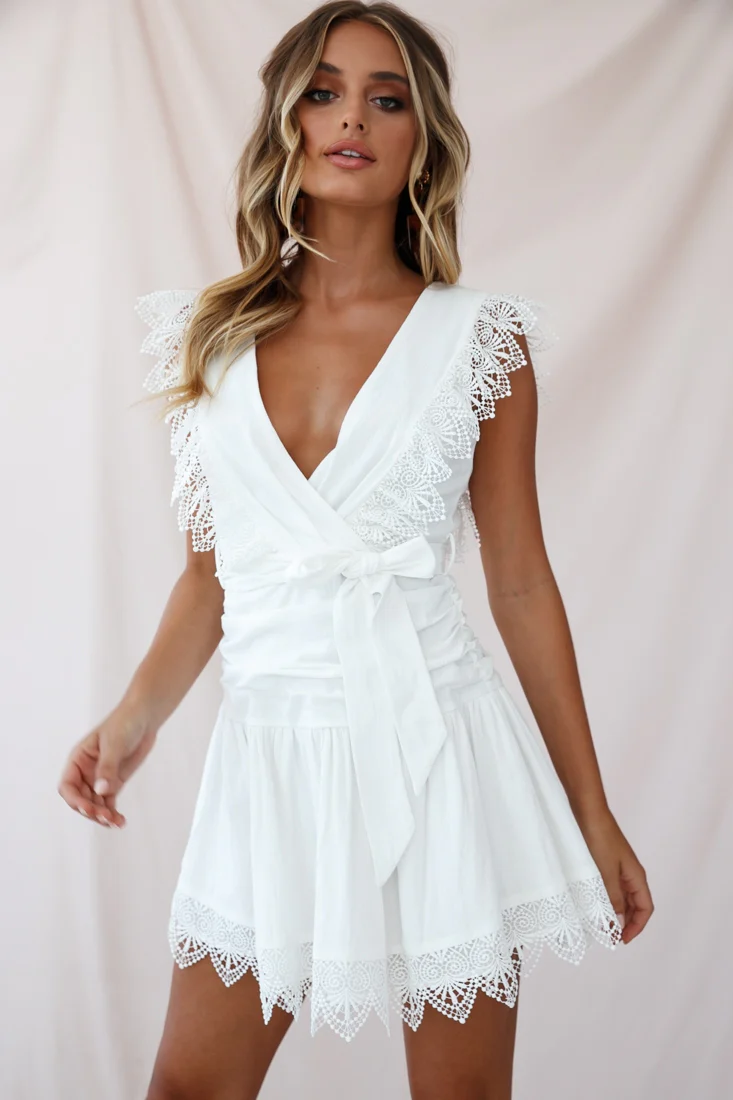 Juliet Gathered Detail Lace Trim Dress White