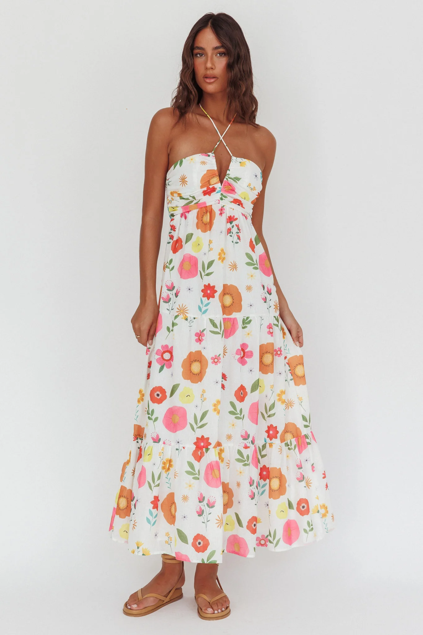 Asiah Gathered Bust Halterneck Maxi Dress Floral White