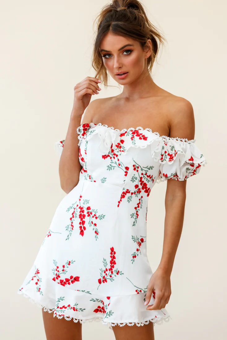 Bobby Bardot Neckline Puff Sleeve Dress Flower Spring Print White