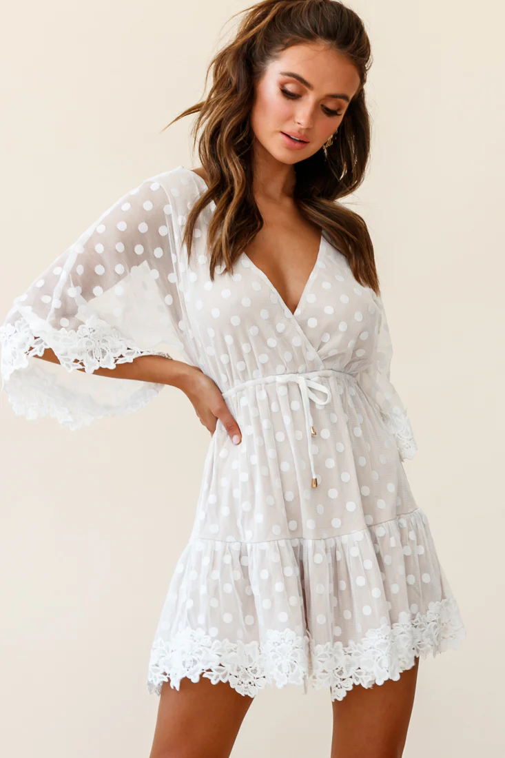 Dream On Flared Sleeve Lace Trim Polka Dot Mesh Dress White