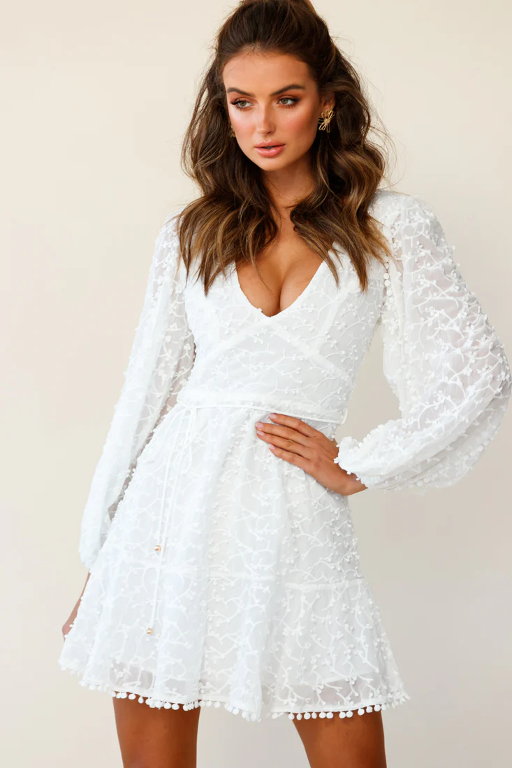 Primrose Long Balloon Sleeve Embroidery Overlay Dress White